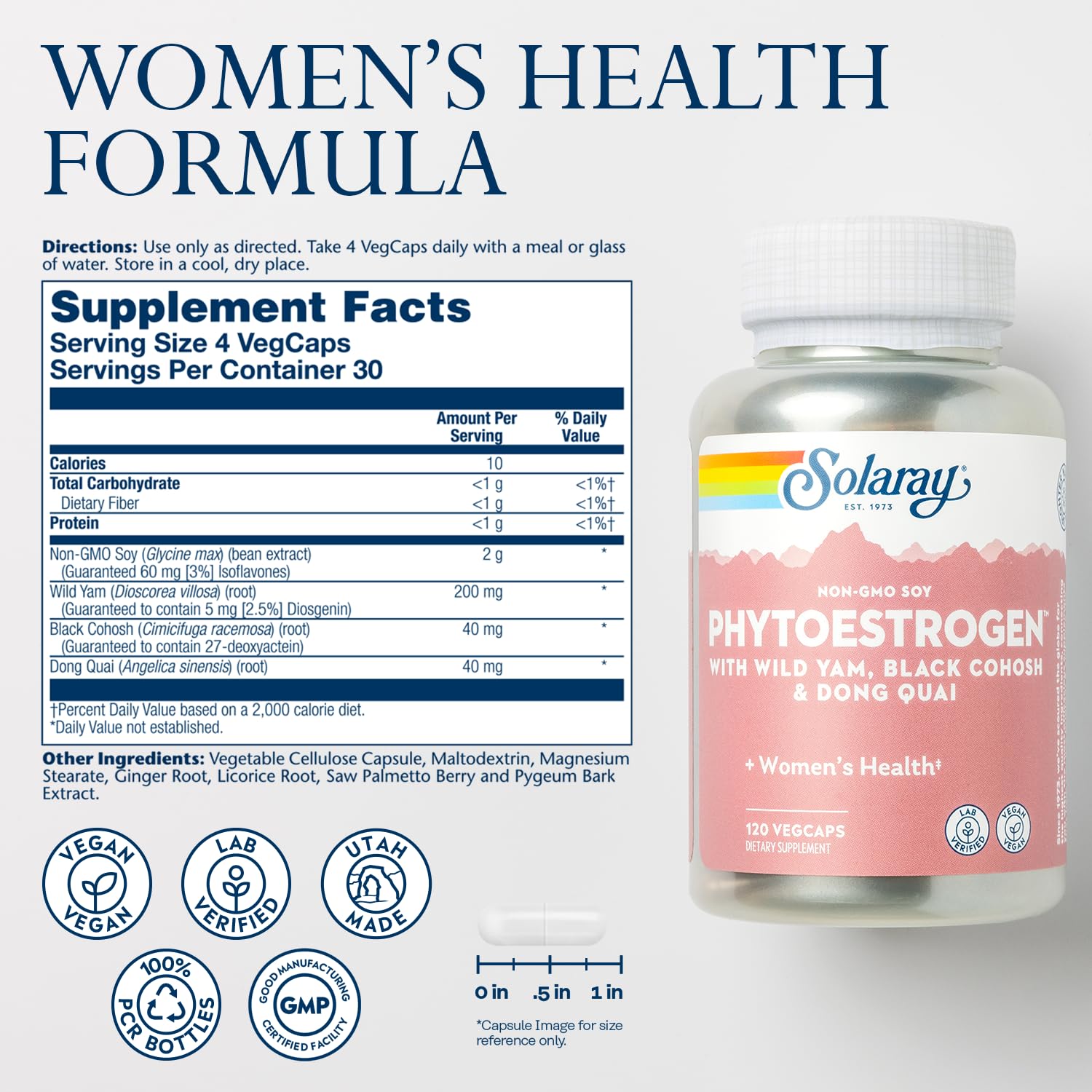 SOLARAY PhytoEstrogen Menopause Supplements - Wild Yam, Black Cohosh, and Dong Quai Estrogen Pills for Women's Health - Vegan, Lab Verified, 60-Day Guarantee (30 Servings, 120 VegCaps) SOLARAY buy supplements canada
