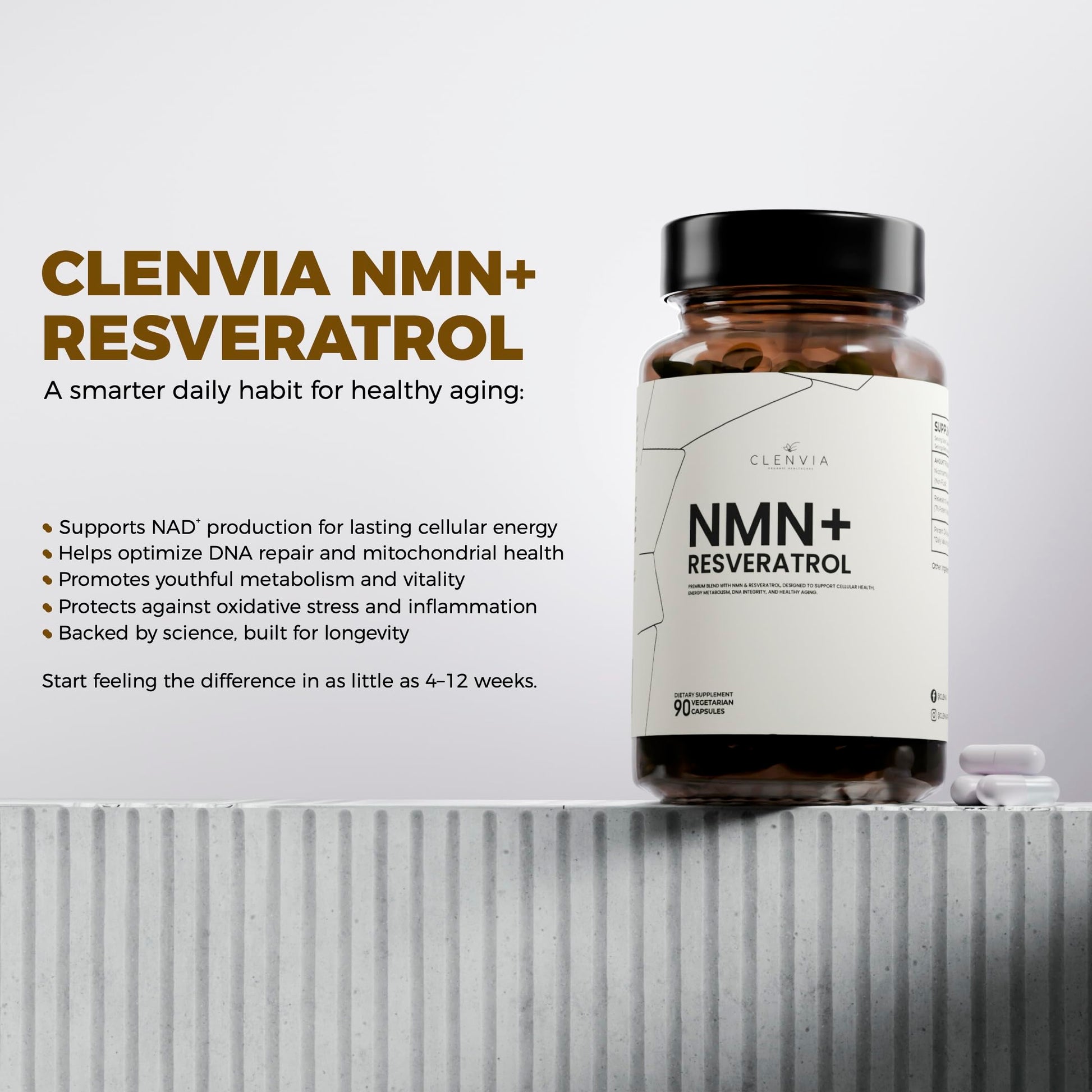 CLENVIA Premium NMN Supplement with Resveratrol – High Potency NAD+ Support Formula – >99.7% Purity – Third-Party Tested – Made in USA – 500mg Nicotinamide + 100mg Resveratrol – 90 Capsules CLENVIA buy supplements canada