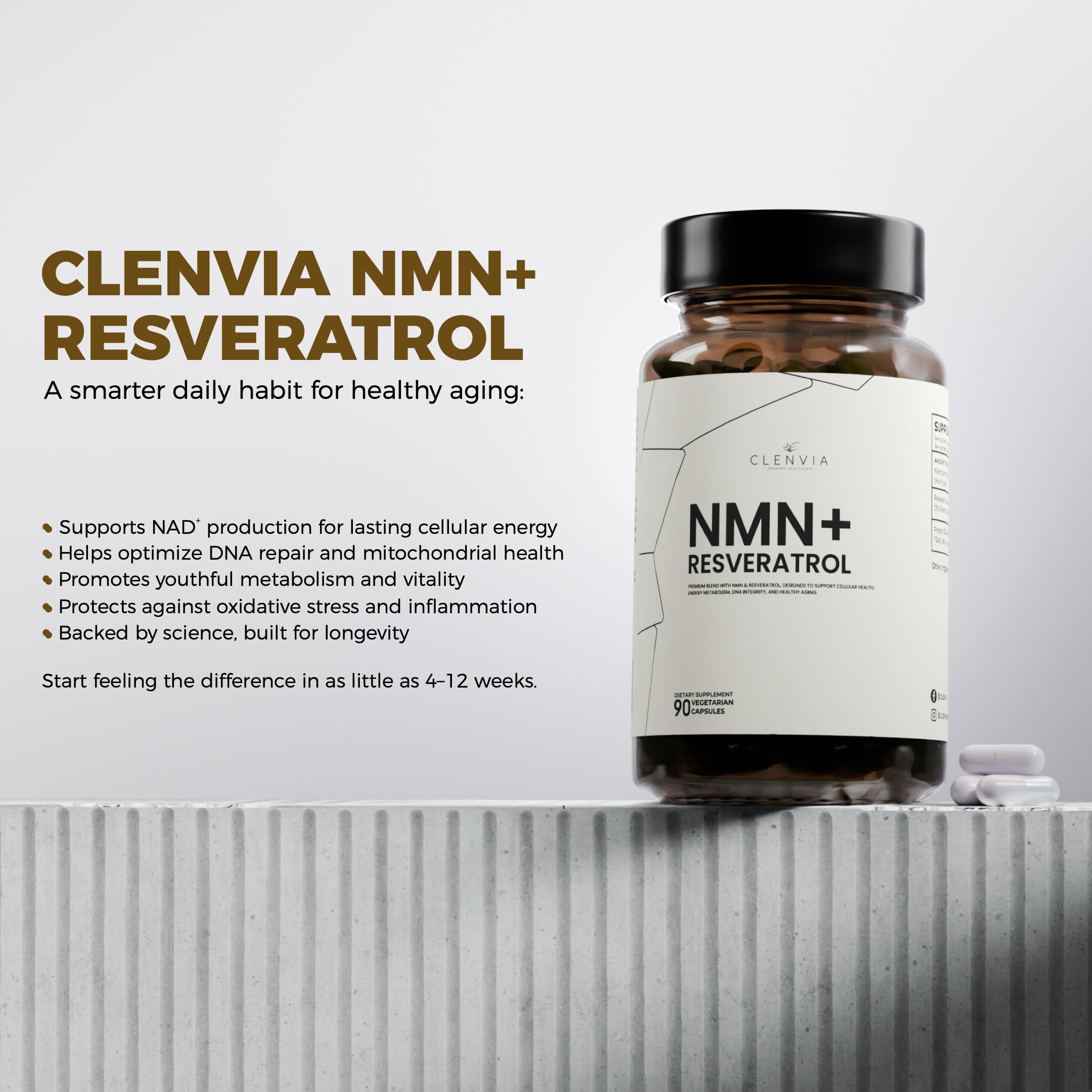 CLENVIA Premium NMN Supplement with Resveratrol – High Potency NAD+ Support Formula – >99.7% Purity – Third-Party Tested – Made in USA – 500mg Nicotinamide + 100mg Resveratrol – 90 Capsules CLENVIA buy supplements canada