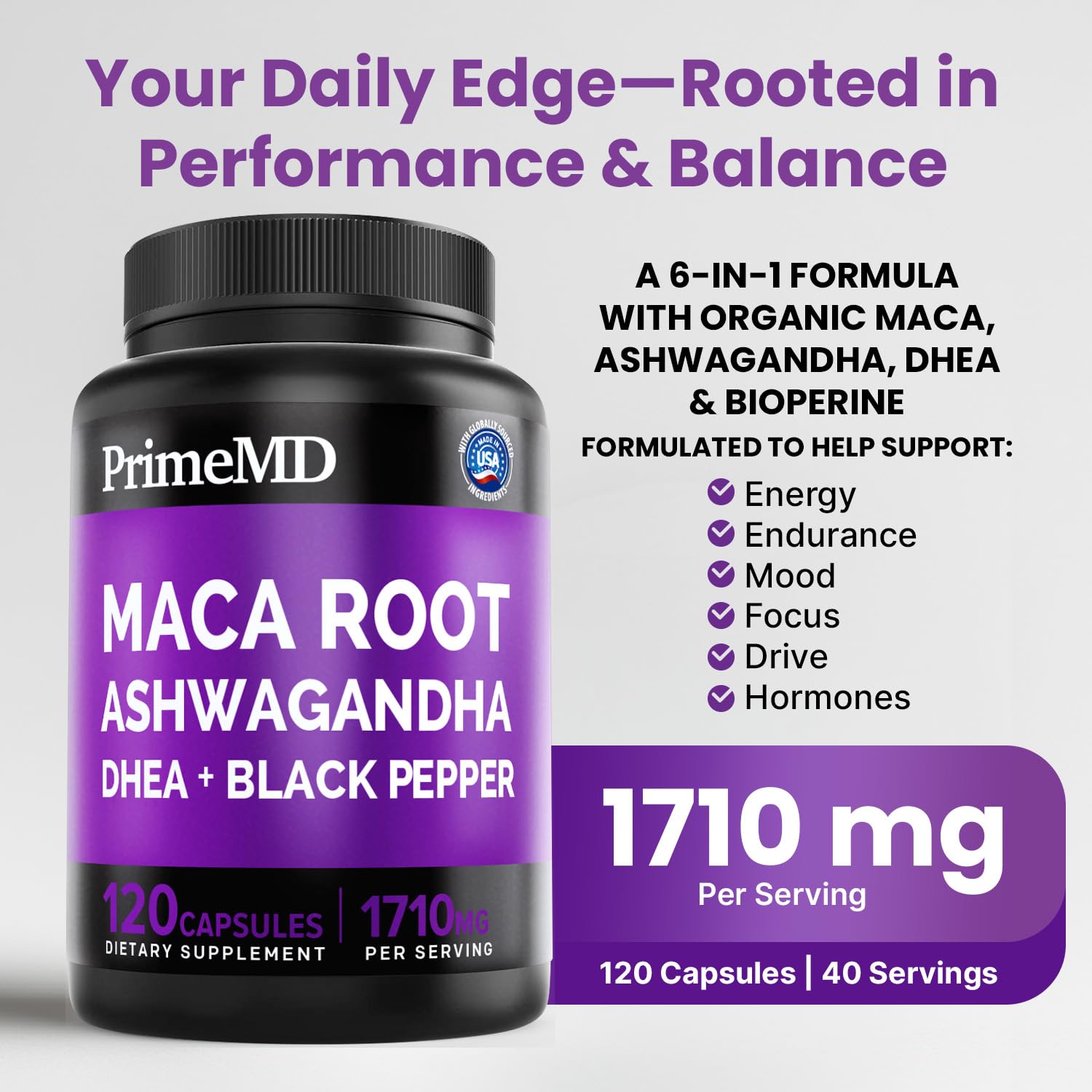 6-in-1 Organic Maca Root Ashwagandha Capsules 1710mg with DHEA and Black Pepper Fruit Extract for Women and Men - Black Maca Supplement for Stamina, Bone and Mood Support Supplement, 120ct (Pack of 3) PrimeMD buy supplements canada