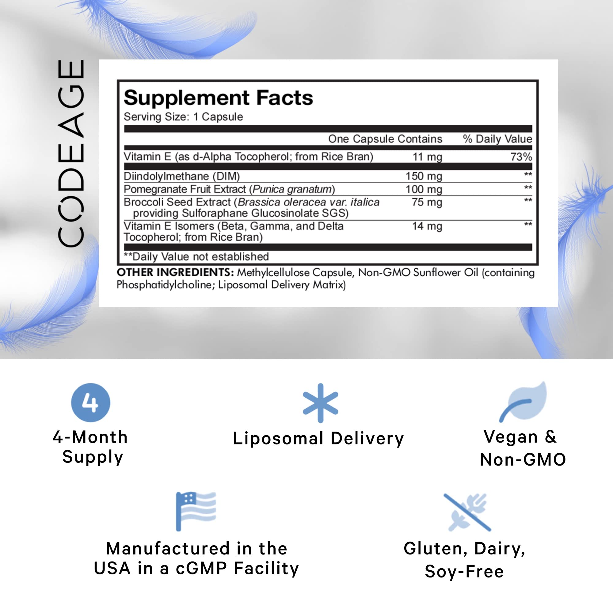 Codeage Liposomal DIM Supplement - 4 Months Supply of DIM Vitamins and SGS, Pomegranate, Broccoli, Vitamin E Isomers Tocopherols Alpha Beta Gamma Delta - Liposomal Formula - Gluten-Free - 120 Capsules Codeage buy supplements canada