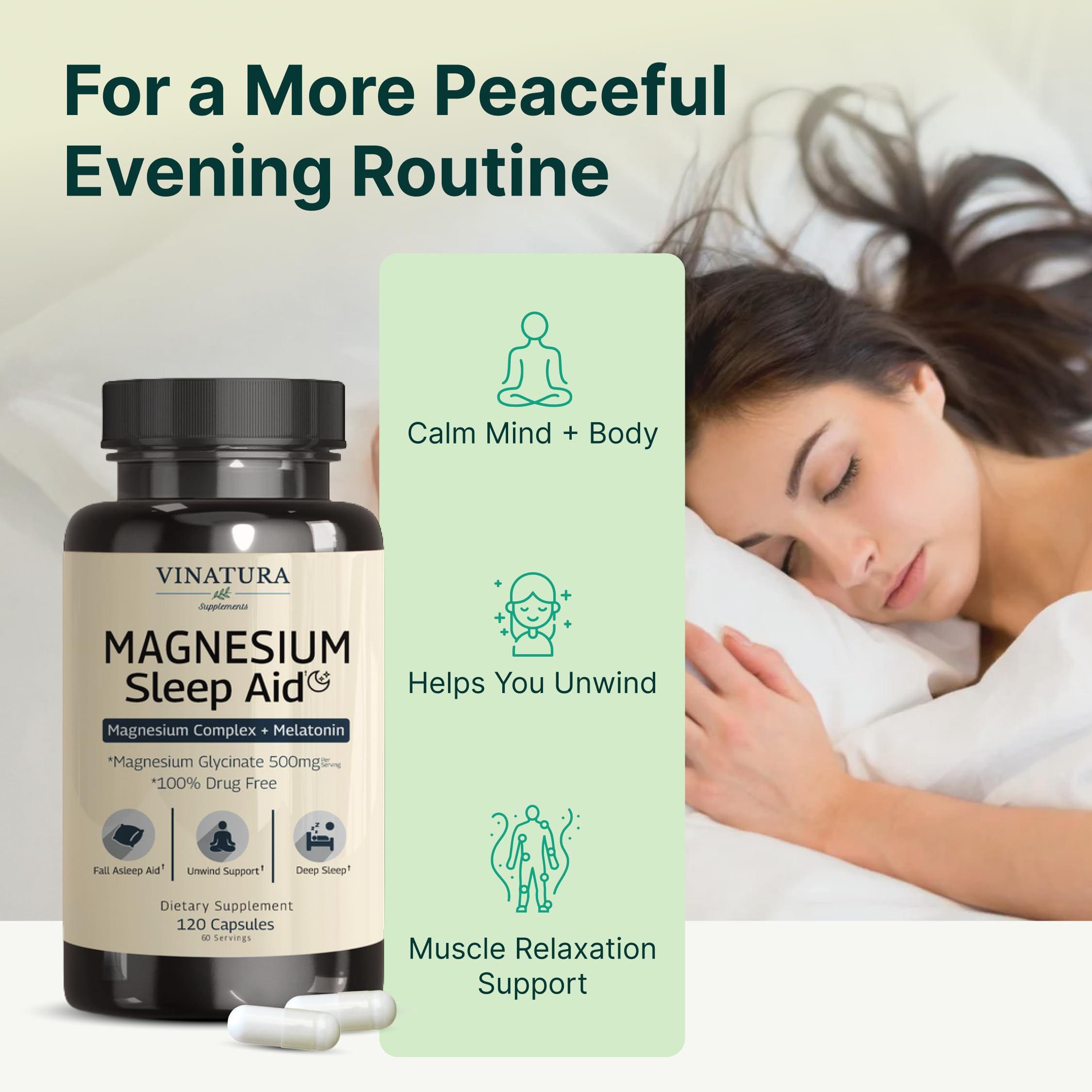 Magnesium Sleep Aid - Magnesium Glycinate Complex for Sleep with Melatonin Supplement - Glycinate 500mg, L-Theanine - 120 Capsules VINATURA buy supplements canada