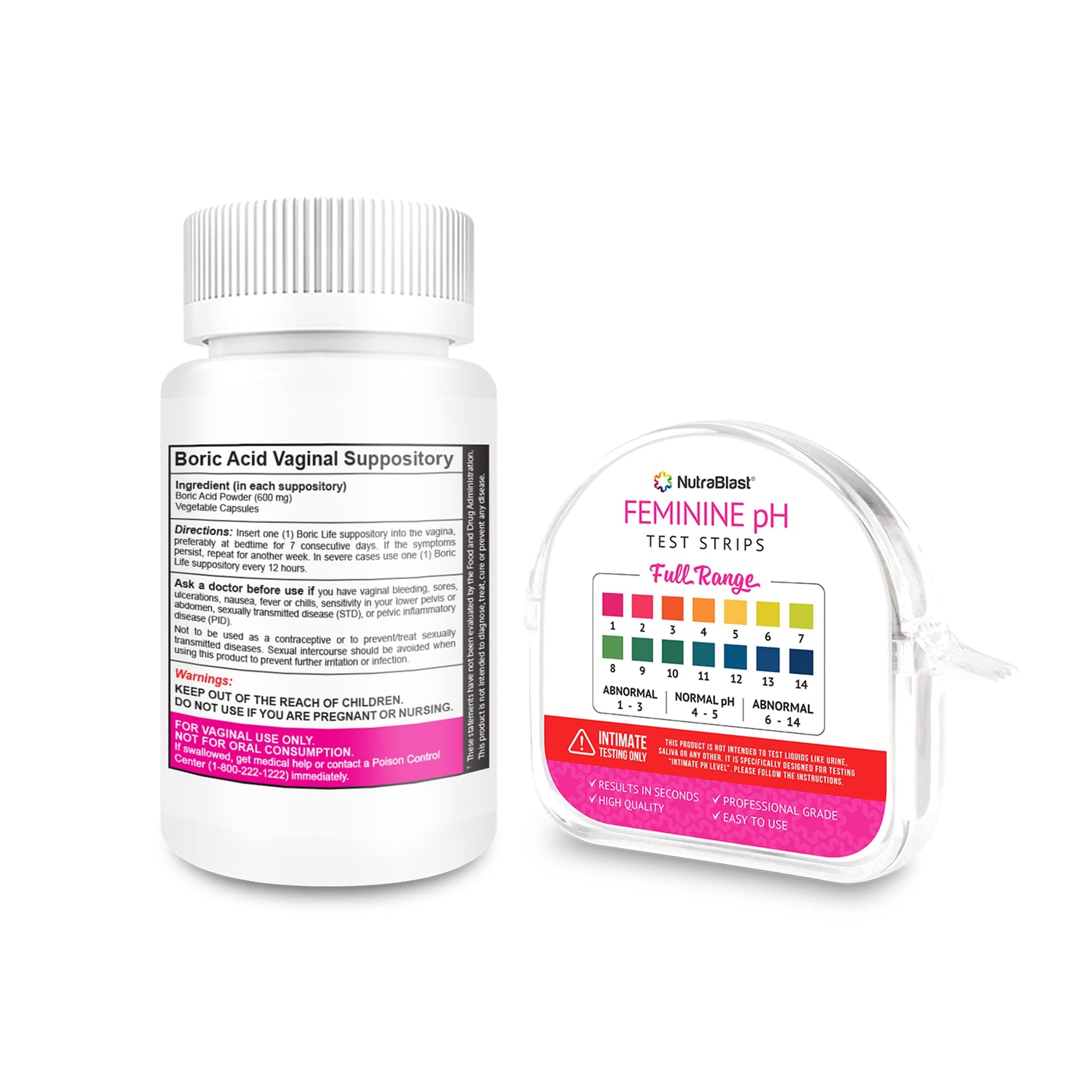 NutraBlast Boric Acid Vaginal Suppositories 600mg (30 Count) & Feminine pH Test Strips 1-14 (100-Tests Roll) NutraBlast buy supplements canada