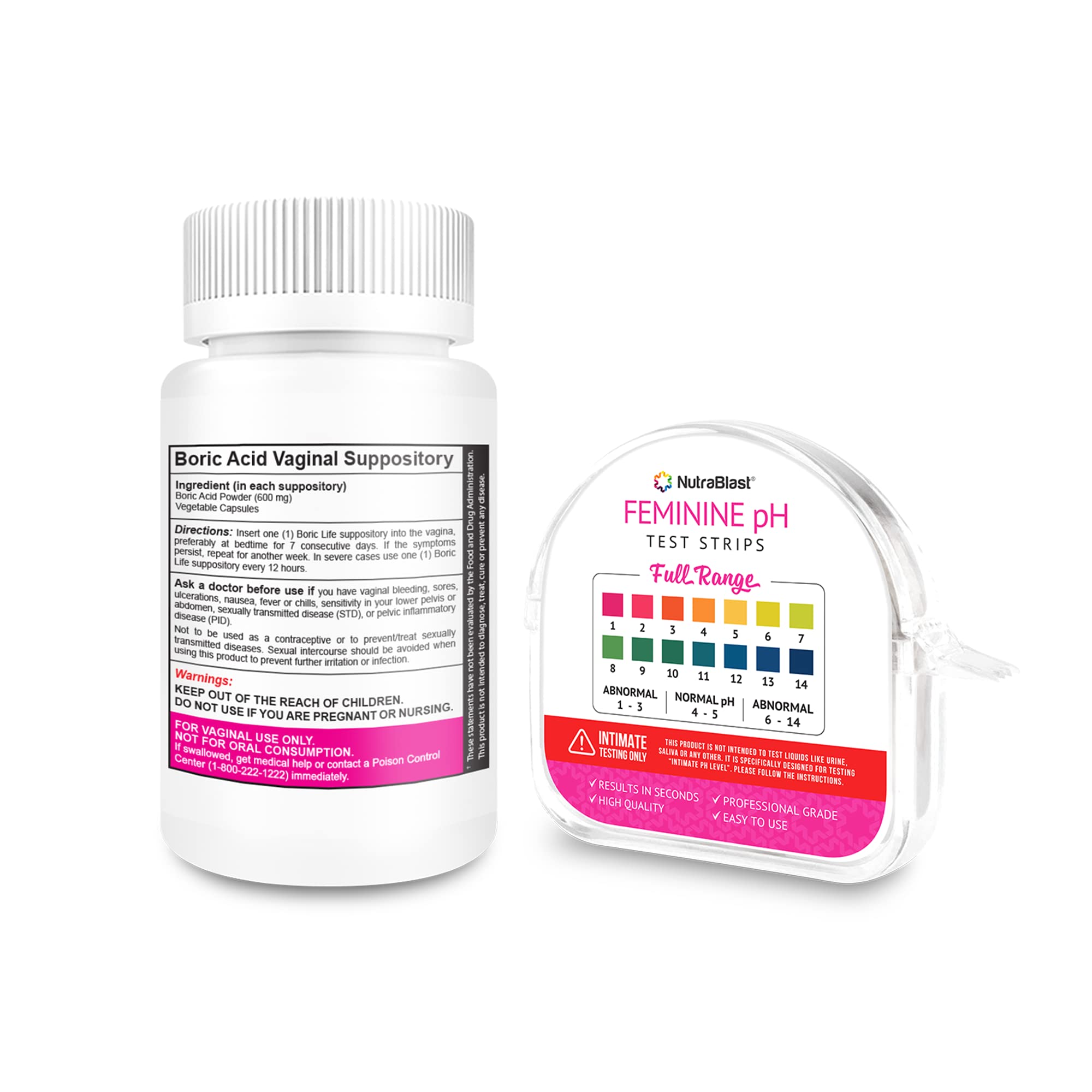 NutraBlast Boric Acid Vaginal Suppositories 600mg (30 Count) & Feminine pH Test Strips 1-14 (100-Tests Roll) NutraBlast buy supplements canada