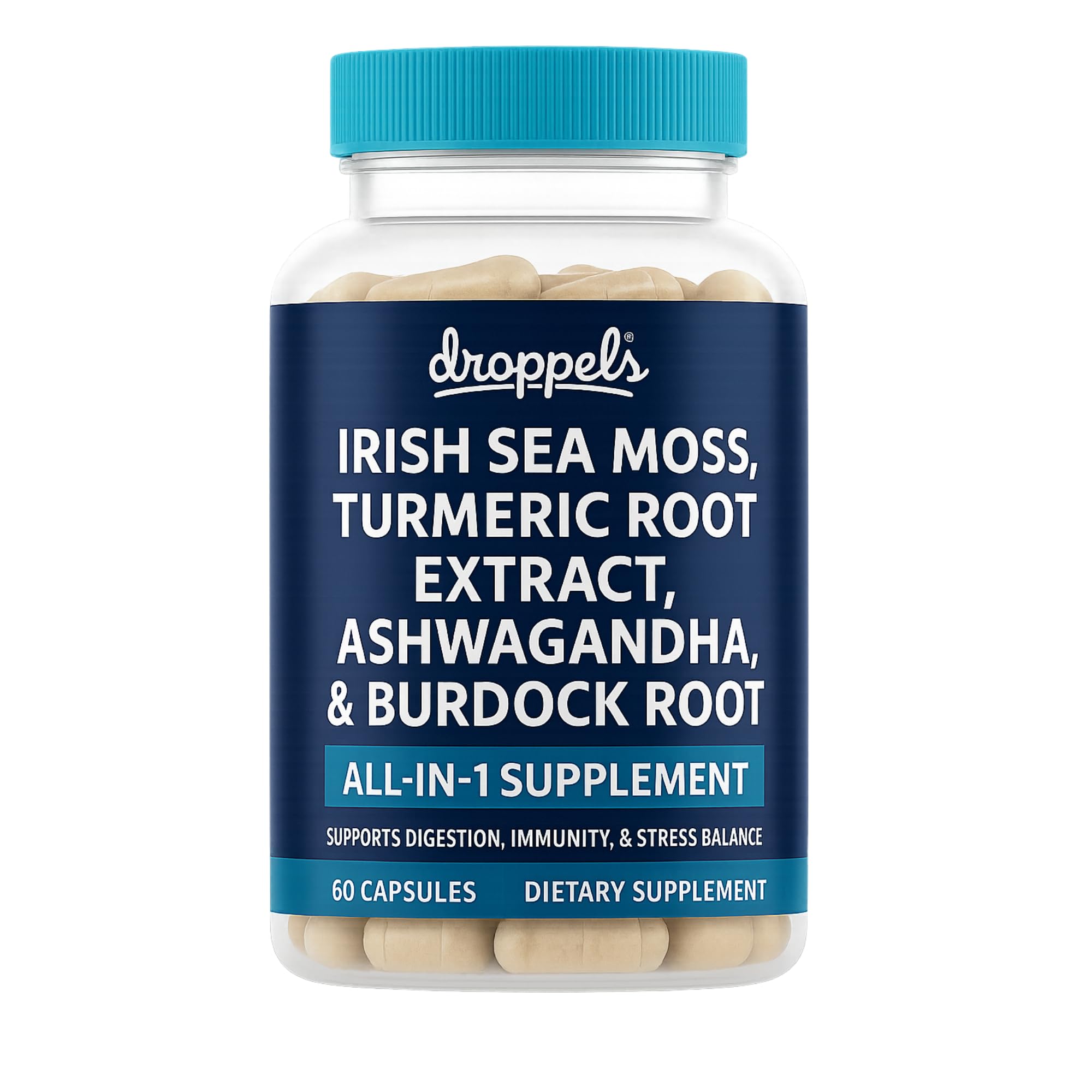 Droppels Irish Sea Moss Capsules with Turmeric Root, Ashwagandha, Black Pepper & Burdock Root – Natural Mineral Blend for Immune, Digestion, Joint & Energy Support – Vegan, Non-GMO – 60 Capsules Droppels buy supplements canada