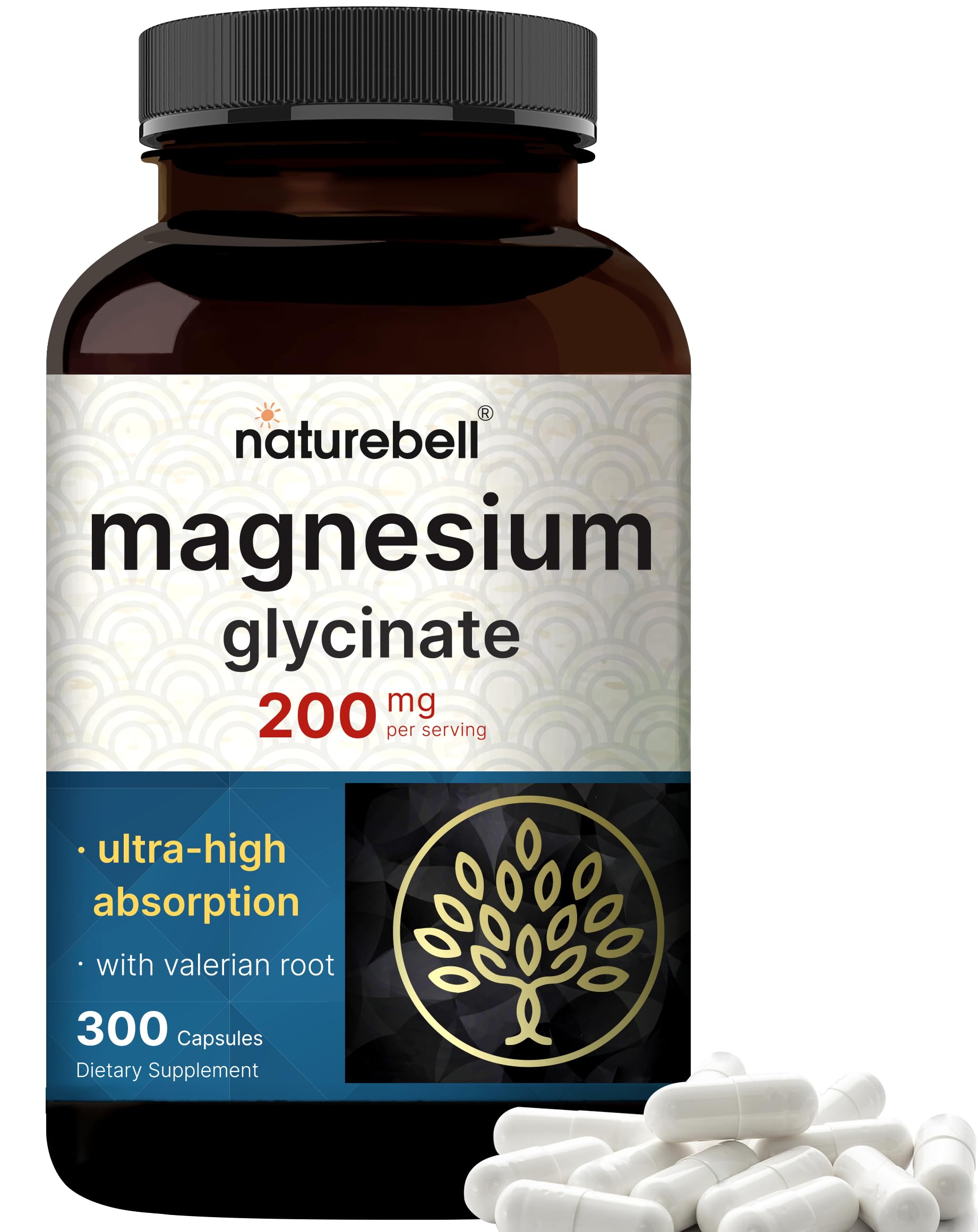 Pure Magnesium Glycinate for Sleep, 200mg with Valerian Root, 300 Capsules | 100% Chelated & Purified Mineral Supplement – Ultra High Absorption – Non-GMO, Gluten Free NatureBell buy supplements canada