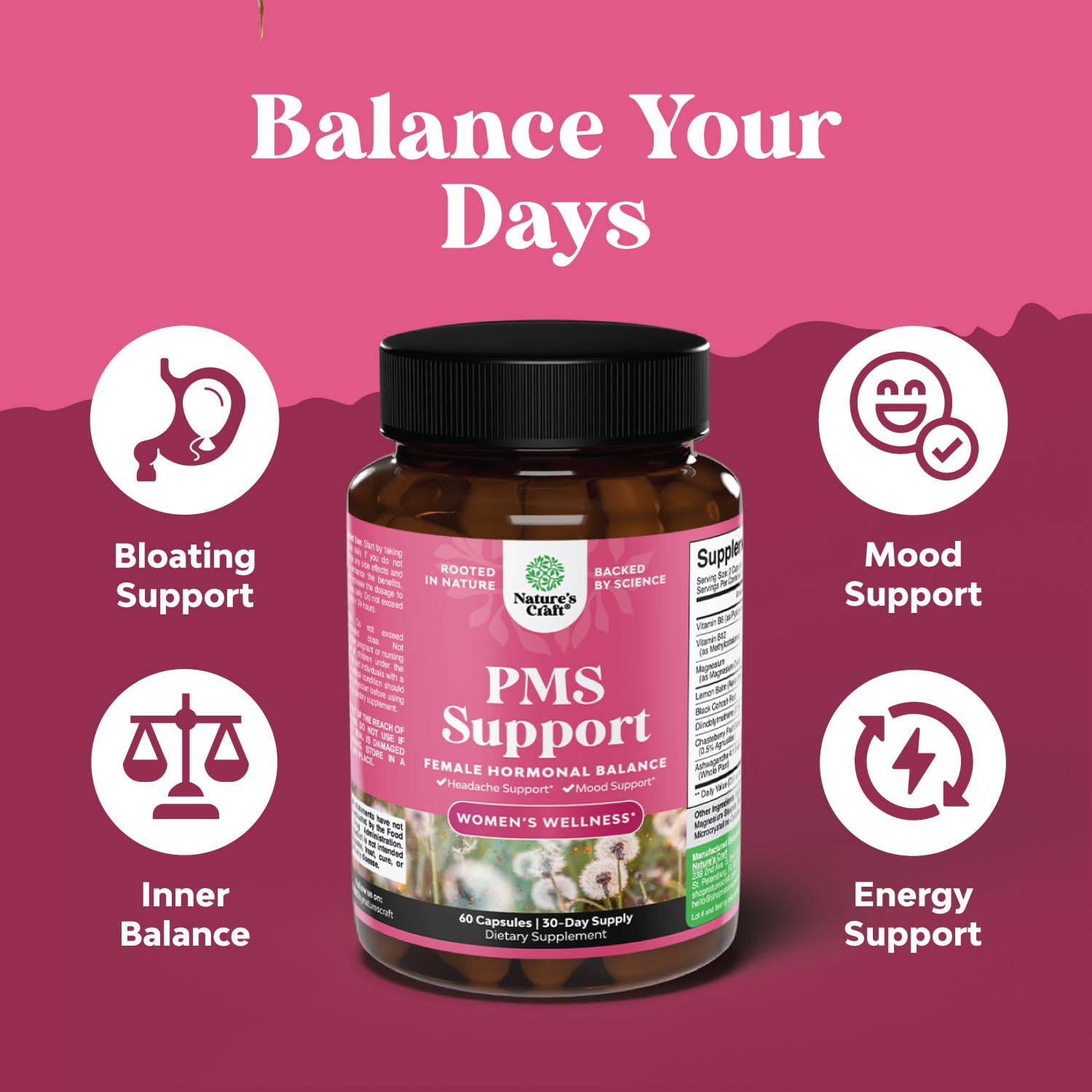 PMS Support Supplement for Women – Hormone Balance for Women & Menstrual Discomfort with DIM, Chasteberry, Black Cohosh & Ashwagandha - for Period Cramps Ease, Menopause Bloating, Mood Swing – 60 Ct Natures Craft buy supplements canada
