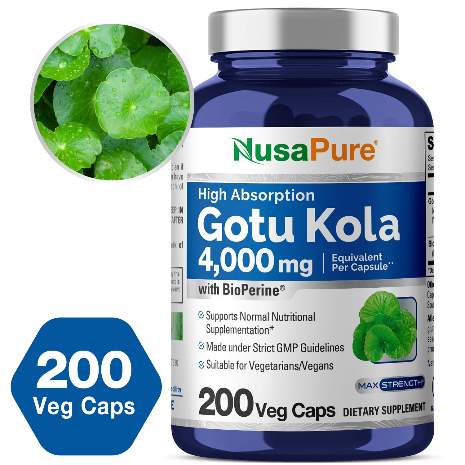 NusaPure Gotu Kola Capsules 20:1 Extract, 200 mg Equivalent to 4000mg Per Veggie Caps, 200 Count, Non-GMO, Vegan, Bioperine - Traditional Herb Extract NusaPure buy supplements canada