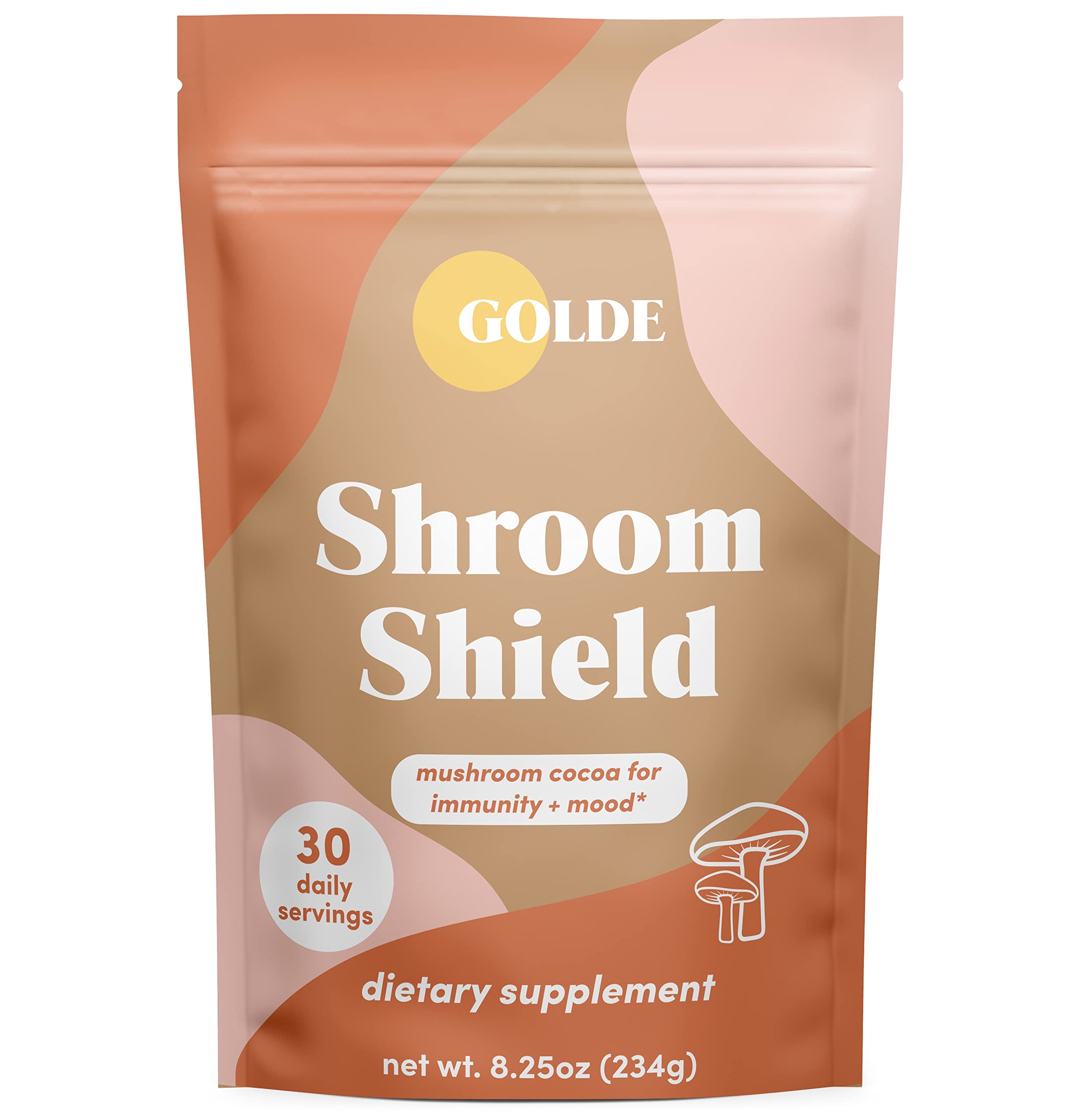 GOLDE Shroom Shield - Plant Based Superfood Blend w/Turkey Tail Mushroom & Reishi Mushroom Extract - Stress Defense - Antioxidants & Prebiotics - Vegan, Keto, & Sugar-Free Hot Cocoa - 30 Servings GOLDE buy supplements canada