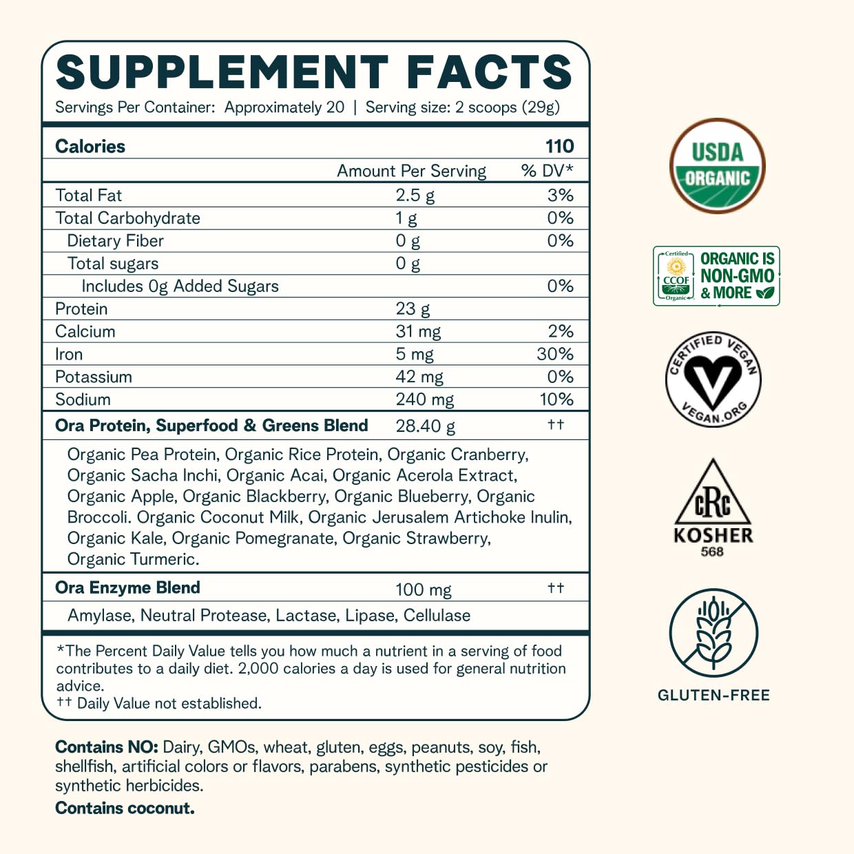 Ora Organic Vegan Protein Powder - 23g Plant Based Pea Protein Unflavored Ora Organic buy supplements canada