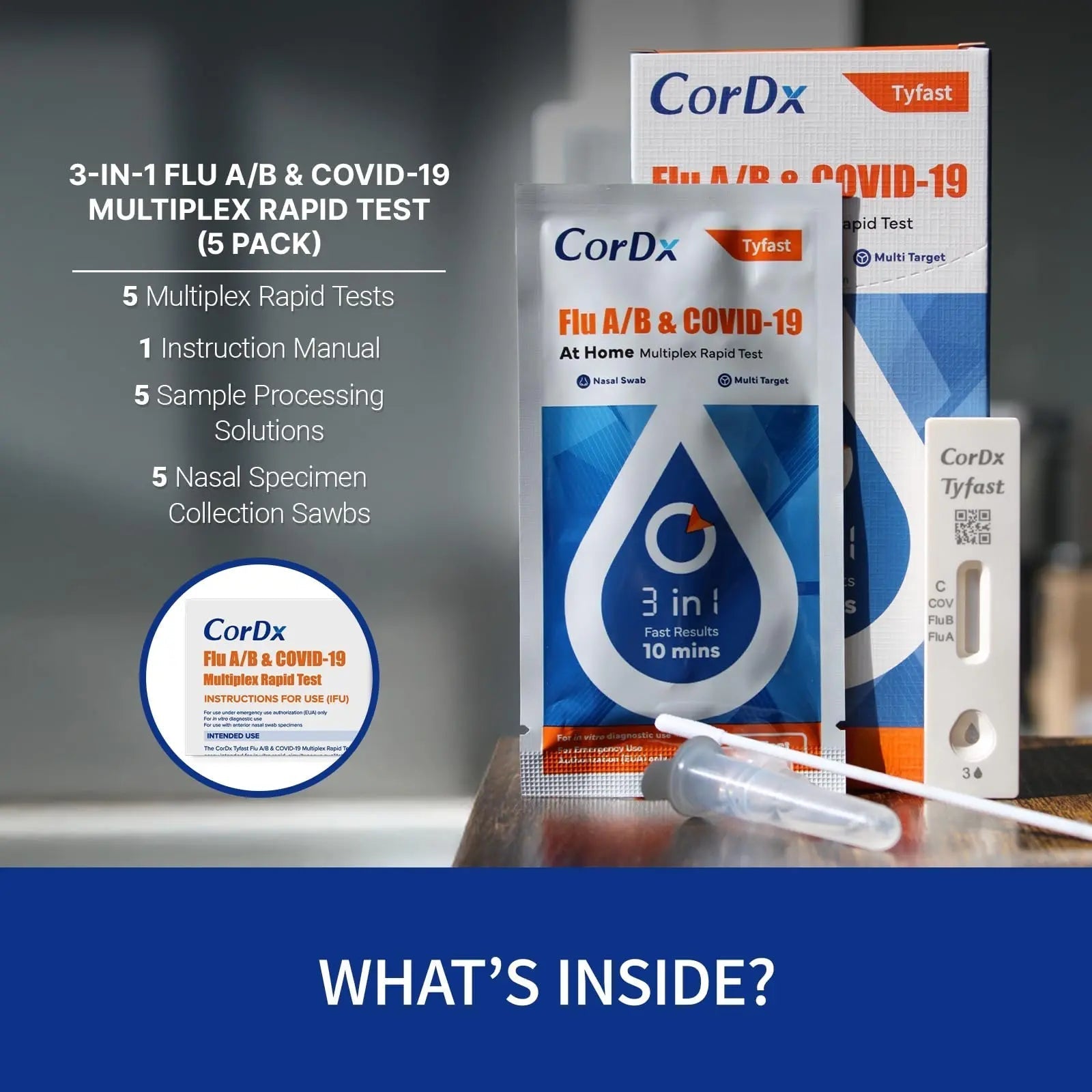 CorDx TyFast at Home Flu A/B & COVID-19 Multiplex Rapid Test Kit, Easy, Accurate, Fast Results in 10 Minutes, 3 in 1 Combo Kit, 5 Tests CorDx buy supplements canada