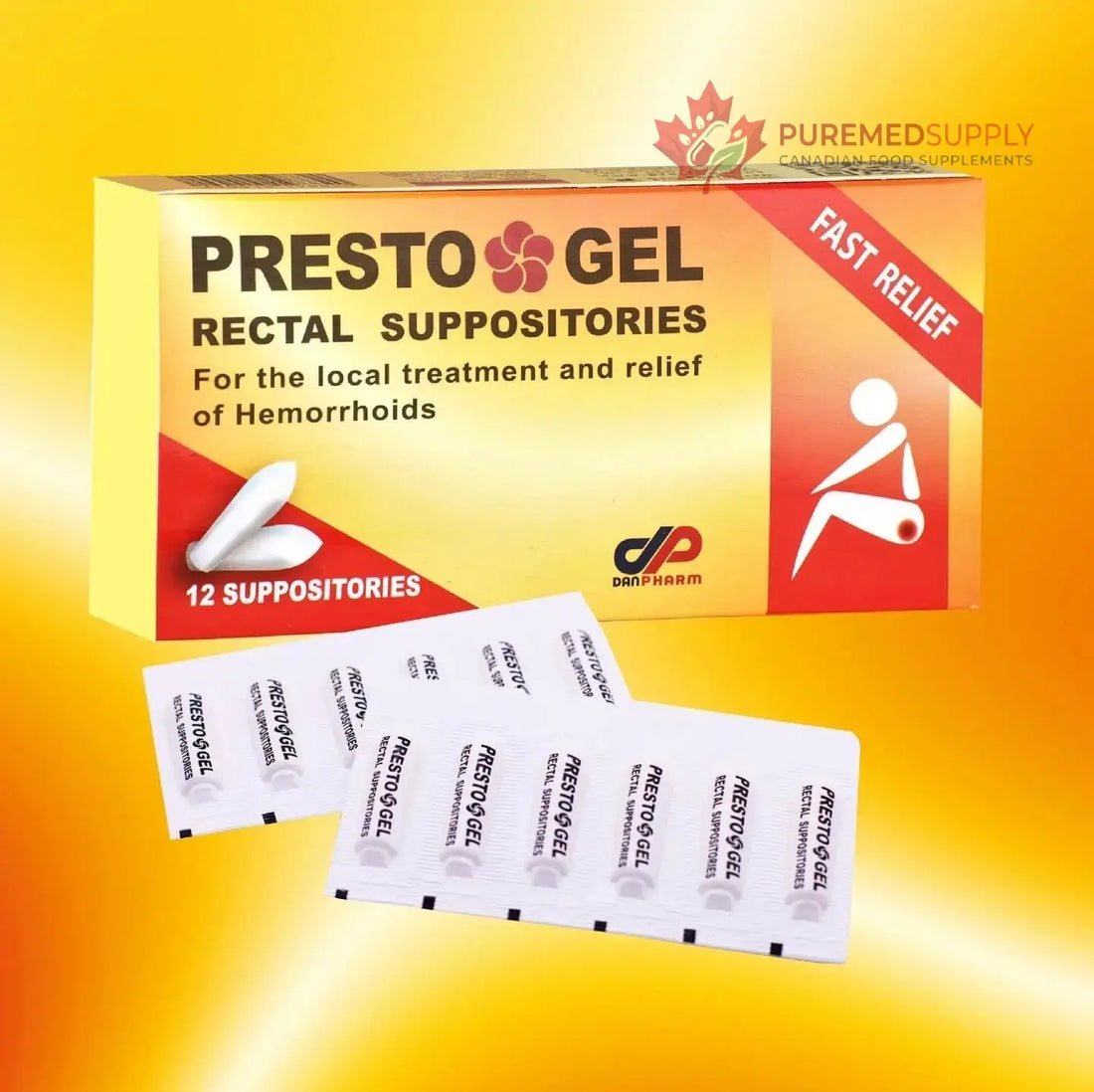 Presto Gel - Natural Hemorrhoid Rectal Suppositories - Rapid Hemorrhoid Treatment and Relief from Itching, Swelling, Burning and Discomfort - Pack of 12 DAN Pharm buy supplements canada