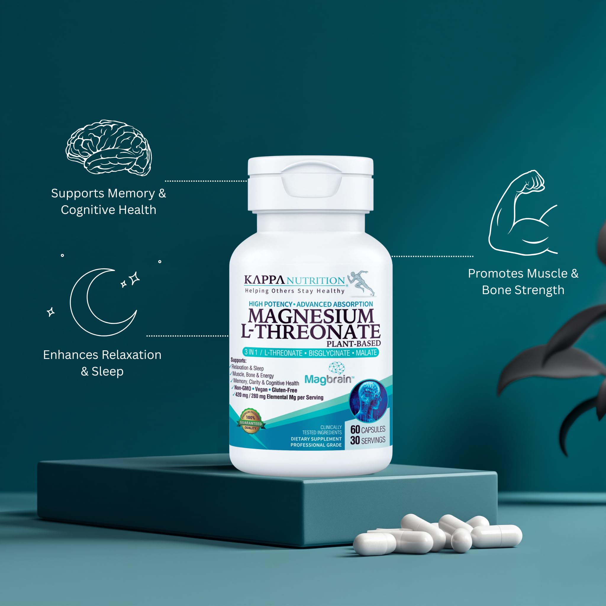 Kappa Nutrition Powered by Magbrain™ Magnesium L-Threonate Plant-Based, 60 Vegan Capsules, 420mg Elemental Magnesium (3 Capsules) from 2,253mg KAPPA NUTRITION buy supplements canada