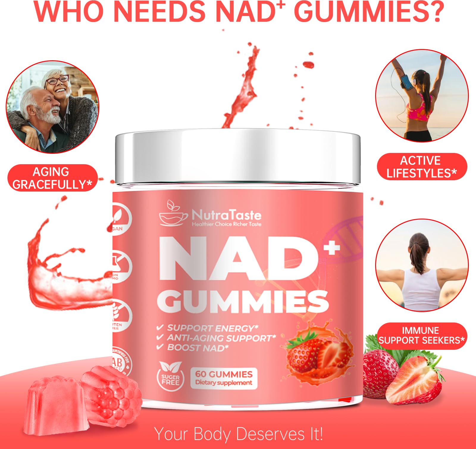 NUTRATASTE HEALTHIER CHOICE RICHER TASTE NAD⁺ Gummies Supplement for Anti-Aging, Energy & Focus Boost | Resveratrol, Nicotinamide Riboside | Strawberry Flavor, Vegan, Sugar-Free,60 Count (Pack of 1) NUTRATASTE HEALTHIER CHOICE RICHER TASTE buy supplements canada