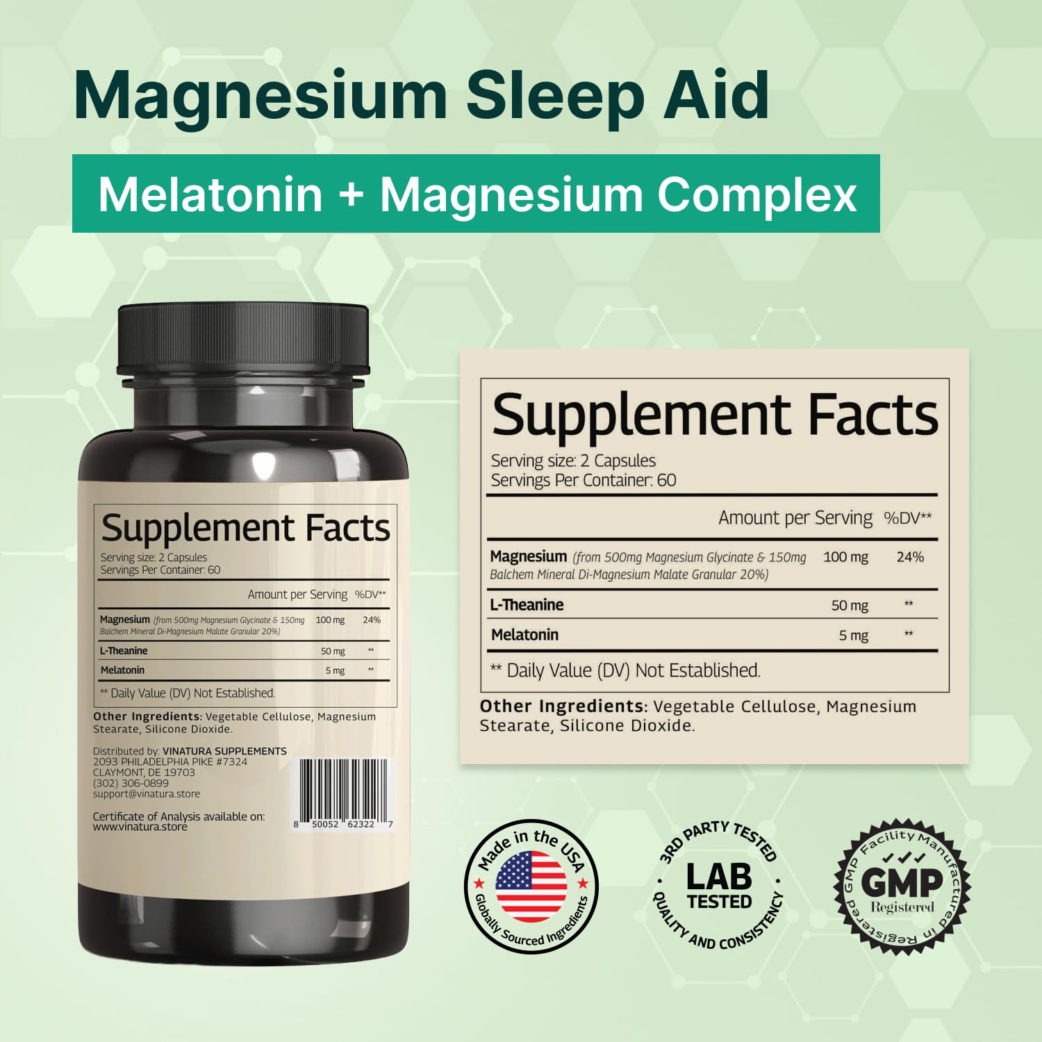 Magnesium Sleep Aid - Magnesium Glycinate Complex for Sleep with Melatonin Supplement - Glycinate 500mg, L-Theanine - 120 Capsules VINATURA buy supplements canada