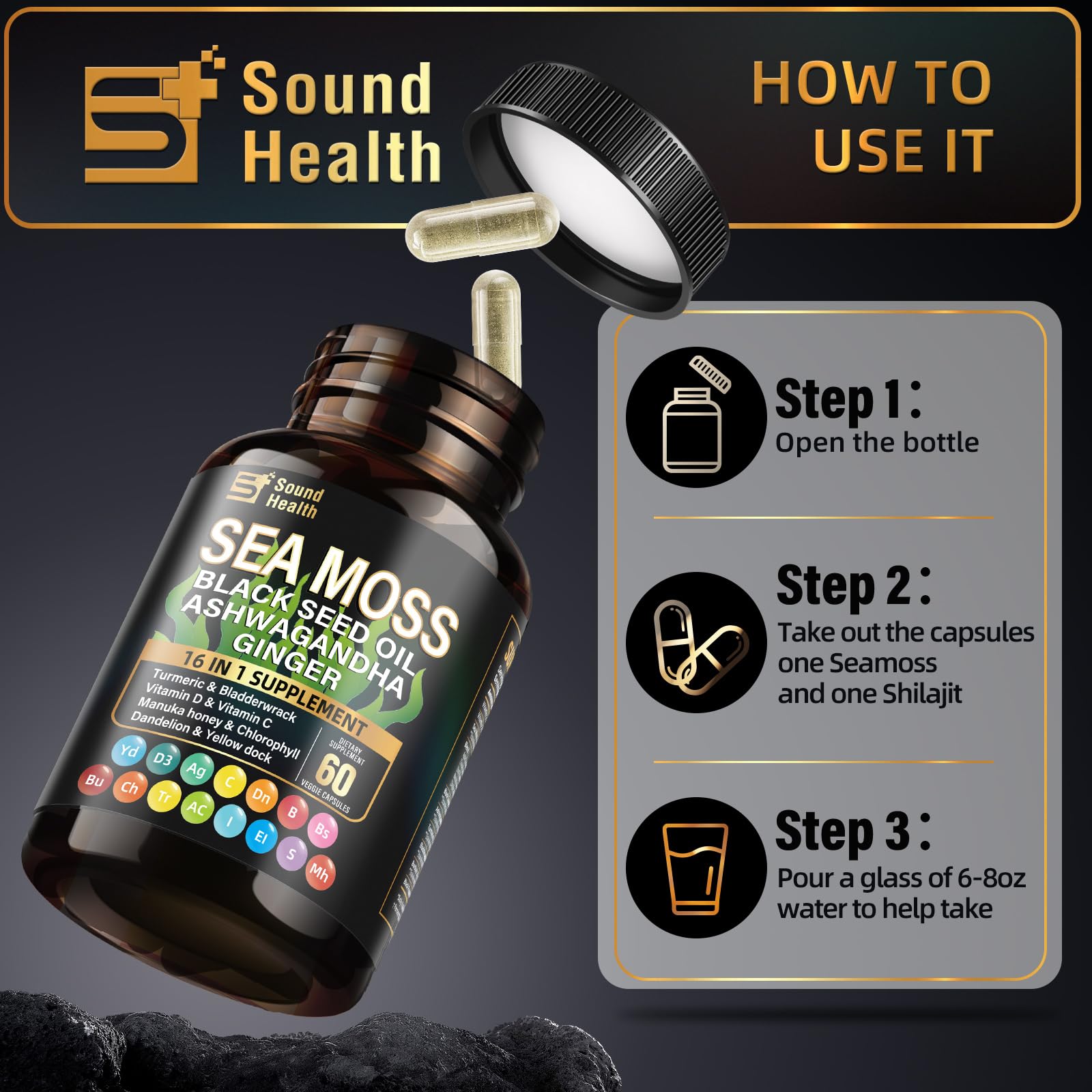 Sea Moss Capsules with Ashwagandha, Turmeric, Bladderwrack, Vitamins C & D for Natural Energy, Sleep Support & Hair Growth, 1200mg Herbal Blend, for Man & Women, Third-Party Tested，16-in-1 Supplement SoundHealth buy supplements canada