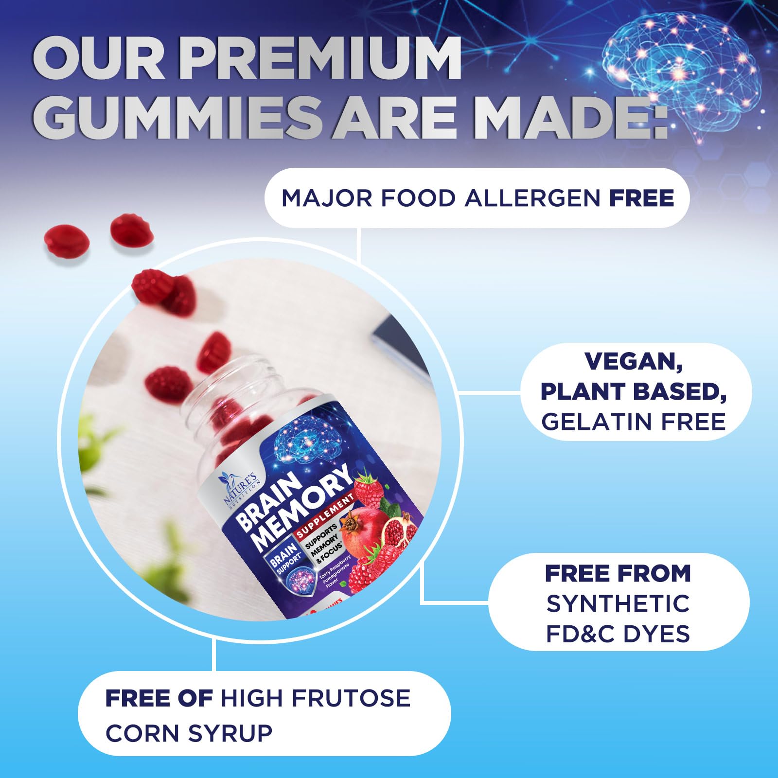 Brain Supplements for Memory & Focus Gummies - Brain Health Clarity with B6 B12 & Phosphatidylserine - Natural Nootropics Cognitive Concentration & Alertness Support Vitamins - 60 Vegan Gummies Nature's Nutrition buy supplements canada