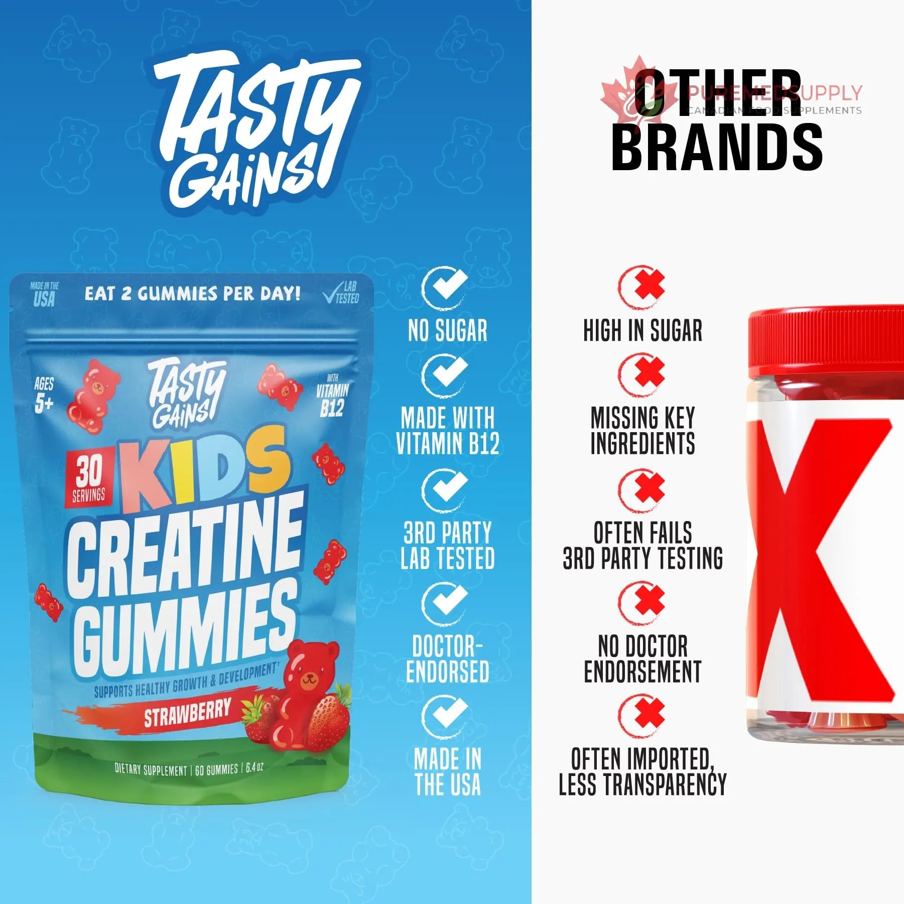 TASTY GAINS Kids & Teen Creatine Gummies with Vitamin B12 for Growth Support, Easy Chew Daily Supplement, Gummy Vitamins for Kids and Teens, Ages 5+ TASTY GAINS buy supplements canada