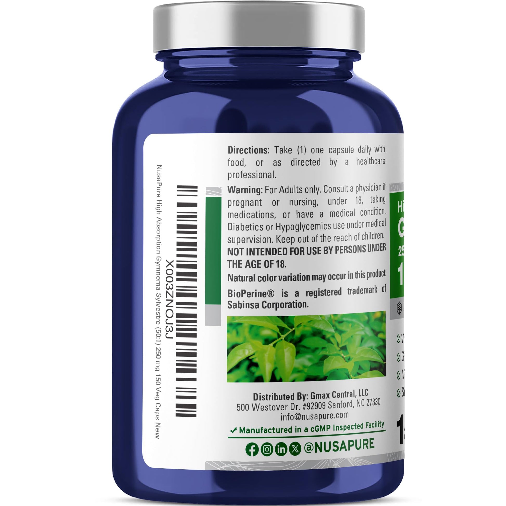 NusaPure Gymnema Sylvestre 50:1 Extract, 250 mg Equivalent to 12,500mg Per Vegan Caps - 150 Count (Non-GMO, Vegan, Bioperine) NusaPure buy supplements canada