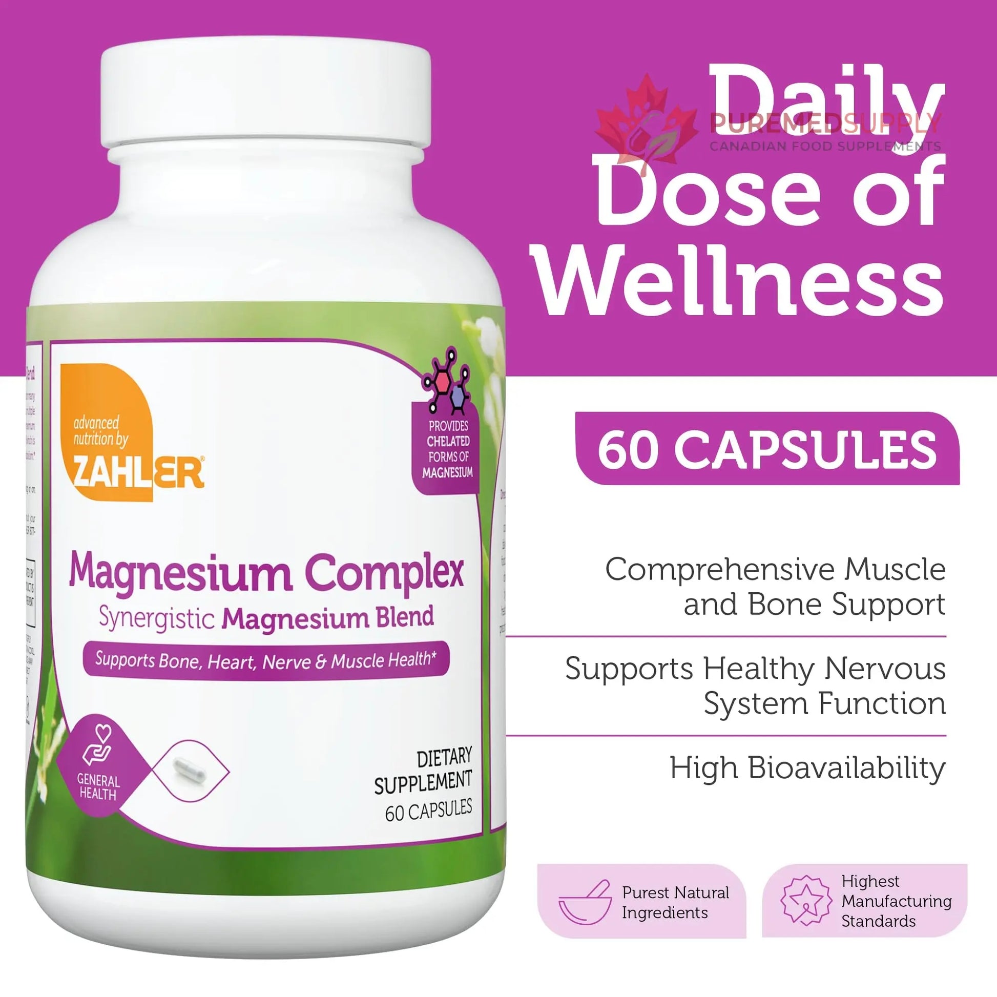 Zahler Magnesium Complex Supplement - Multi Magnesium Supplement Blend with Magnesium Glycinate, Malate, Aspartate, Taurinate and Oxide Plus Vitamin B6 - Bone Nerve Heart & Muscle Health (60 Capsules) Zahler buy supplements canada
