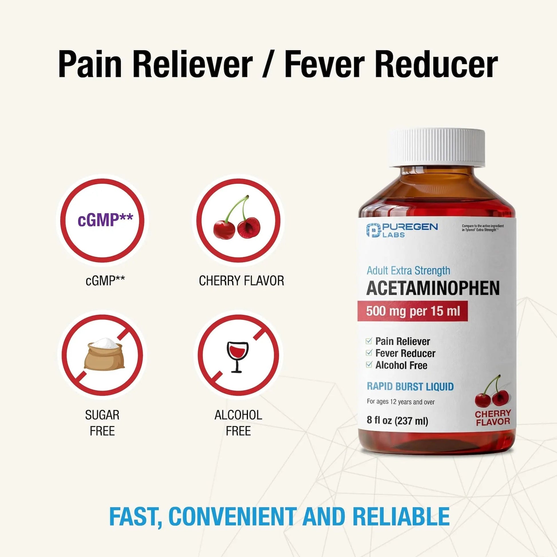 Puregen Labs Adult Extra Strength Acetaminophen Liquid 500mg/15ml - 8 fl oz Rapid Burst Pain Reliever/Fever Reducer, Cherry Flavor | Muscle & Joint Pain Relief | Arthritis Pain Relief P Puregen Labs buy supplements canada