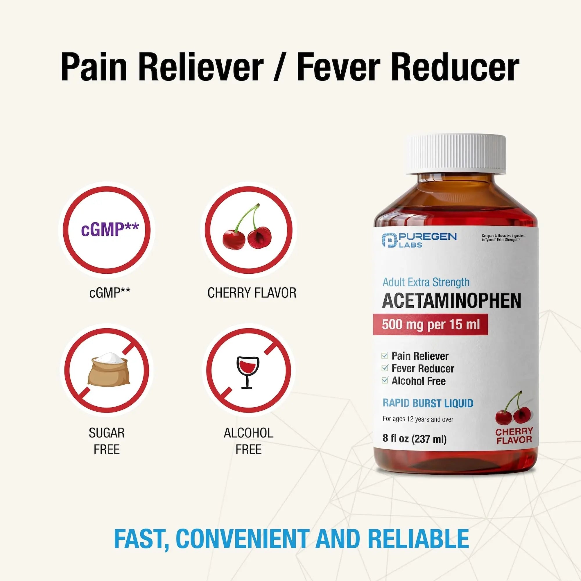 Puregen Labs Adult Extra Strength Acetaminophen Liquid 500mg/15ml - 8 fl oz Rapid Burst Pain Reliever/Fever Reducer, Cherry Flavor | Muscle & Joint Pain Relief | Arthritis Pain Relief P Puregen Labs buy supplements canada