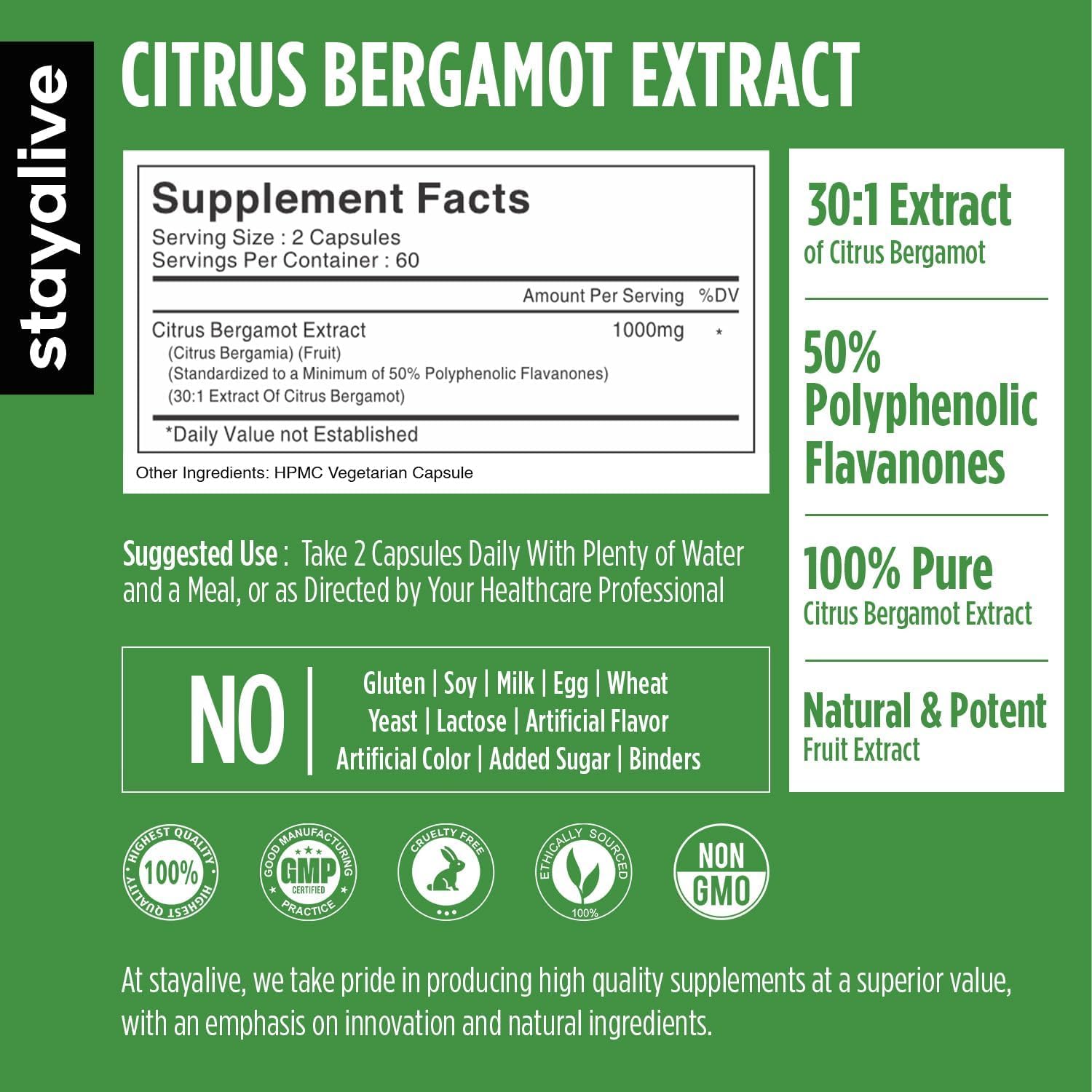 STAY ALIVE Citrus Bergamot Capsules 1000mg, 30:1 Super Extract with 50% Polyphenolic Flavanones, 120 Pills, Citrus Bioflavonoids Supplements for Women & Men | Non-GMO, Gluten-Free STAY ALIVE buy supplements canada