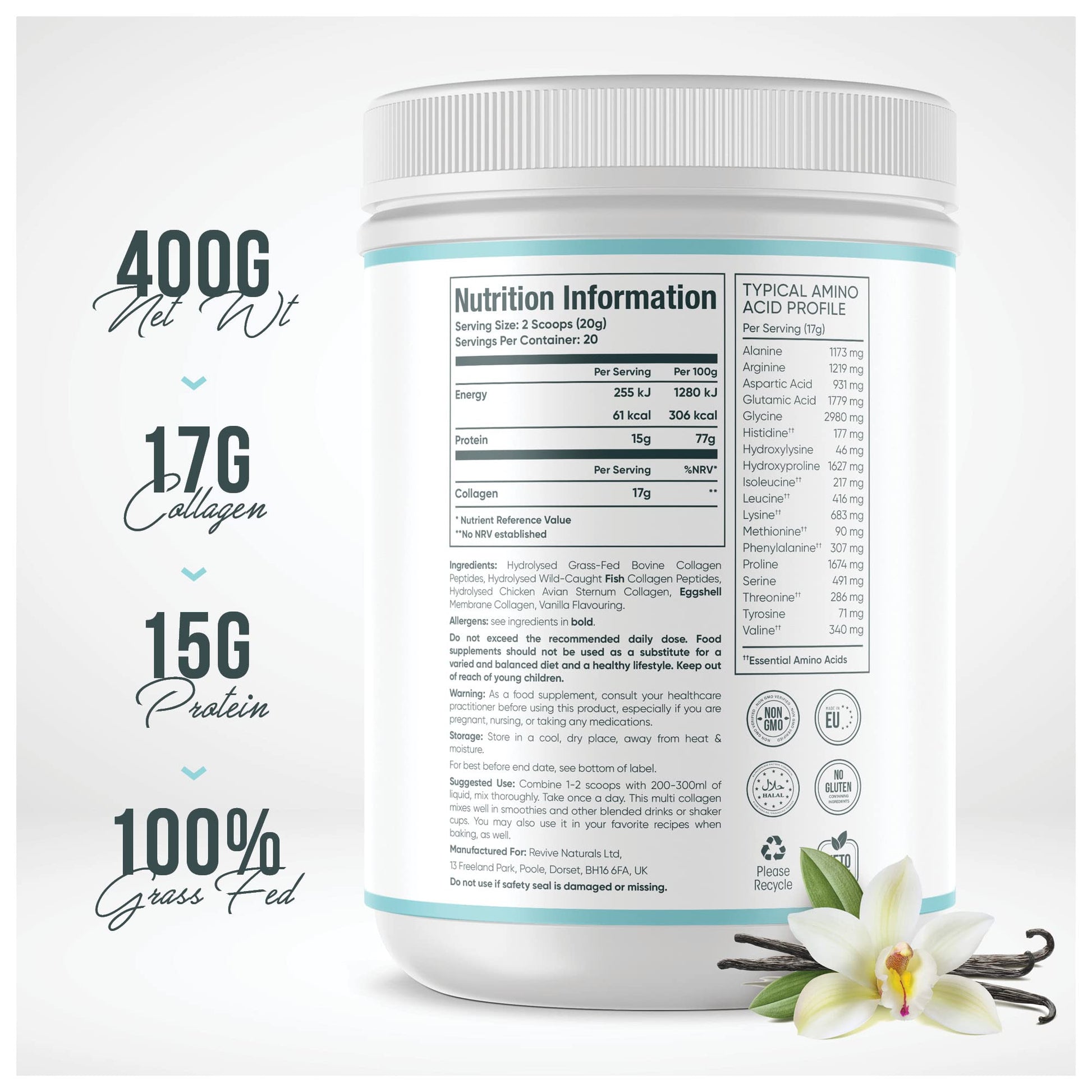 Vanilla Multi Collagen Protein Powder - 400g - Unsweetened - 5 Types of Collagen Peptides Revive Naturals buy supplements canada
