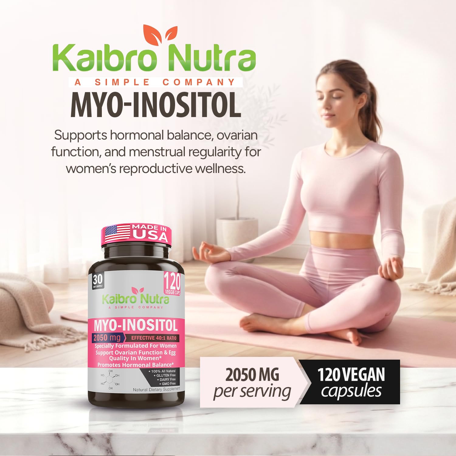 Kaibro Nutra Myo-Inositol Supplement, Myo-Inositol & D-Chiro Inositol 40:1 Ratio, Hormone Balance & Ovarian Support for Women with Vitamin B8, 2050mg, Vegan, Non-GMO Capsules 120 Count Kaibro Nutra buy supplements canada