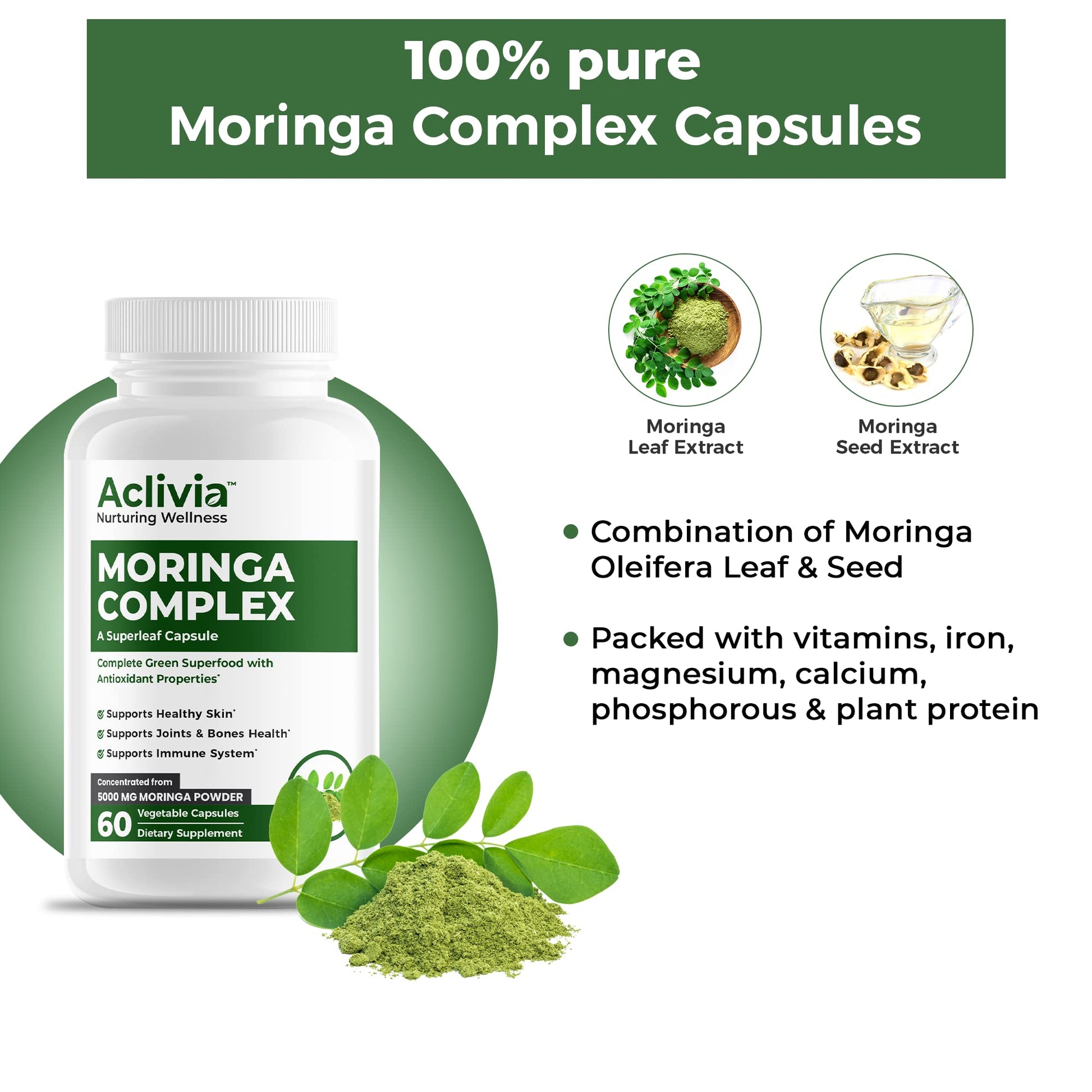 Aclivia - Moringa Complex - Maximum Strength Moringa Oleifera Leaf & Seed Supplement - Superfood Capsules with Antioxidant Properties - 5000mg - 60 Capsules Aclivia buy supplements canada