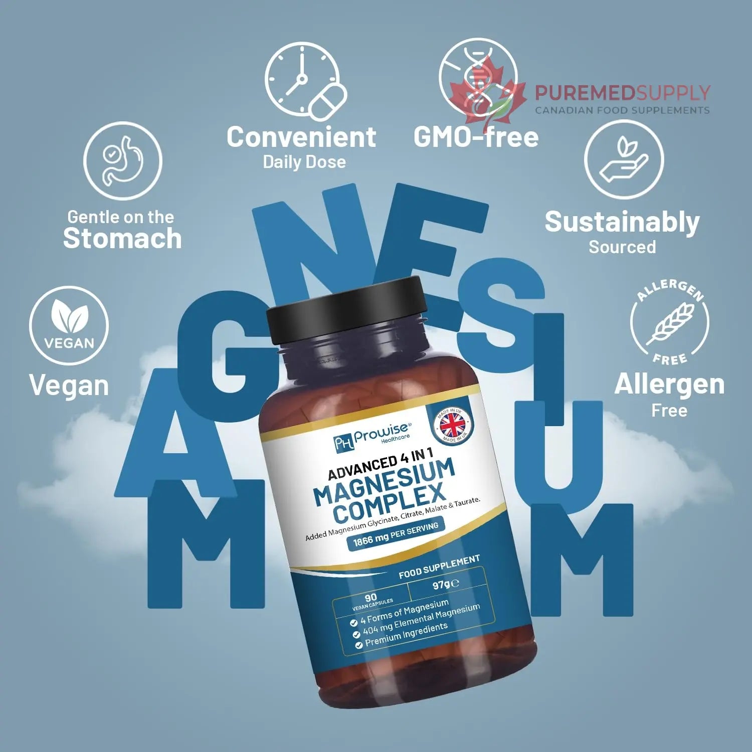 Magnesium Glycinate Complex 4 in 1-1866mg per Serving | Precise 404mg Elemental Magnesium dose | Added Magnesium Glycinate, Citrate, Malate & Taurate | 90 Vegan Capsules - by Prowise PH PROWISE Healthcare buy supplements canada
