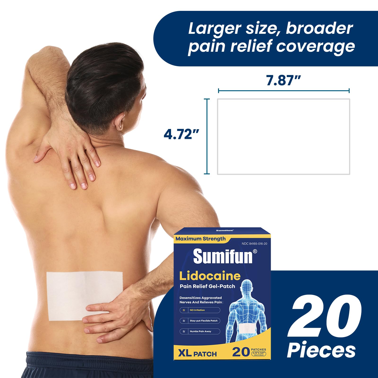 Sumifun XL Lidocaine Patches for Pain Relief, 4% Lidocaine Maximum Strength OTC, Extra Large 4.72"x7.87" for Full Back Pain Patches & Large Areas (Extra Large, Count, 20) Sumifun buy supplements canada