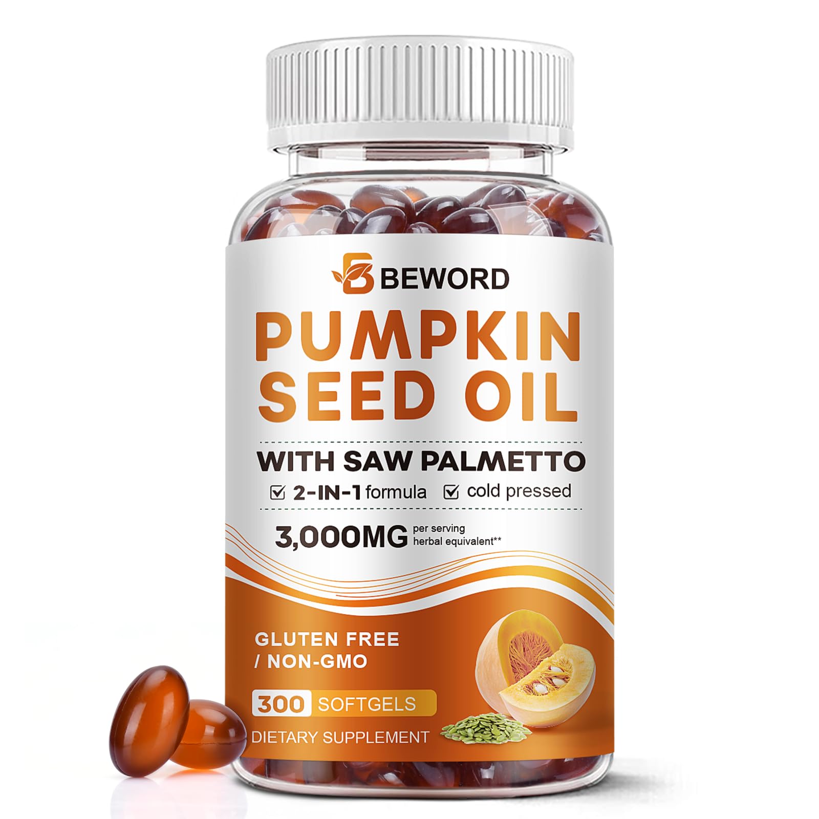 Pumpkin Seed Oil with Saw Palmetto Capsules, 3000mg/serving, 300/600 Softgels | Cold Pressed, Pure Virgin Oil, Essential Fatty Acids & Phytosterols | Supports Hair, Urinary BEWORD buy supplements canada