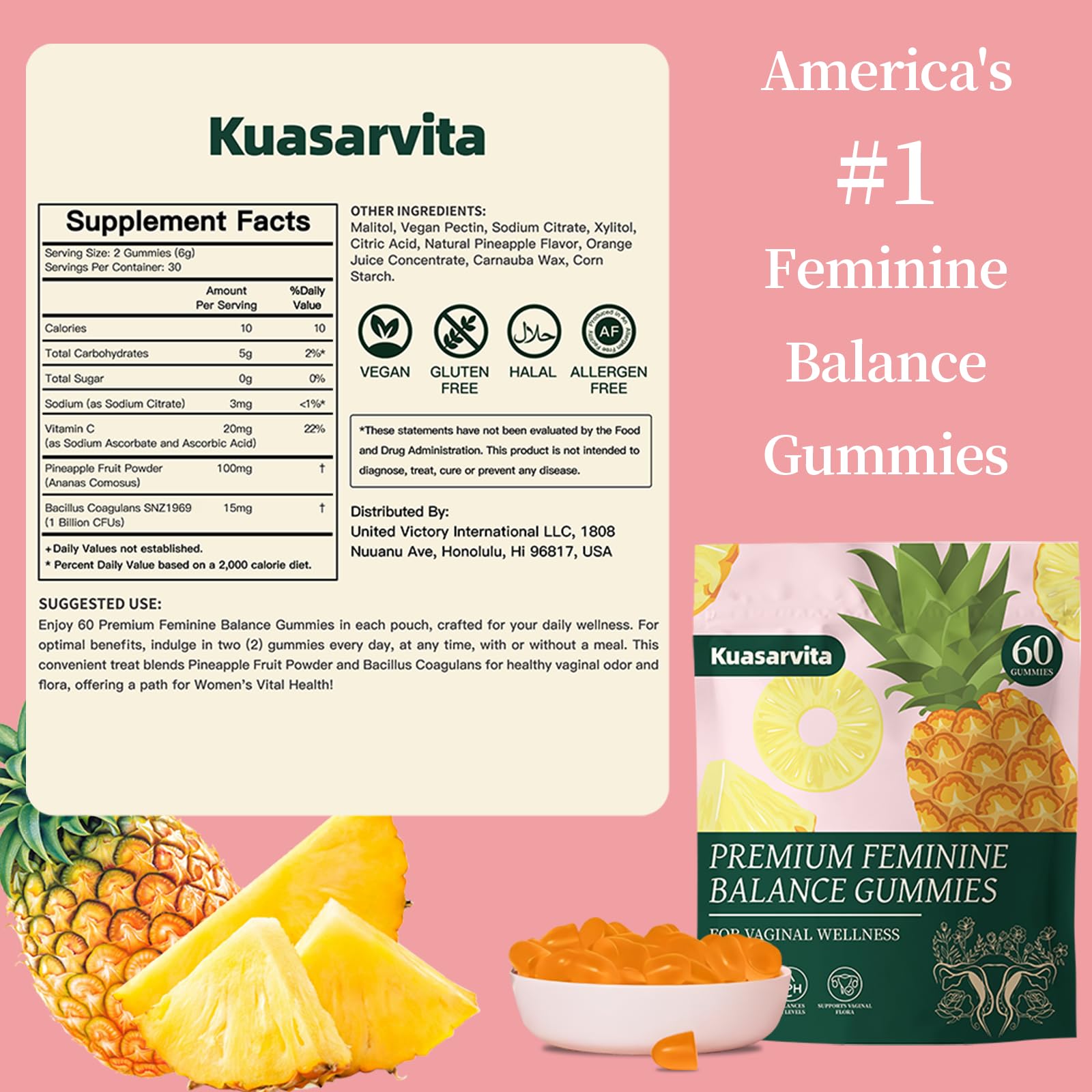 Premium Feminine Balance Gummies,Vital Vaginal Probiotics Source Feminine Gummies,Probiotic Gummies for Prenatal & Postnatal Women - Probiotics for Digestion, pH Balance, Gut Health, Immune Support Kuasarvita buy supplements canada