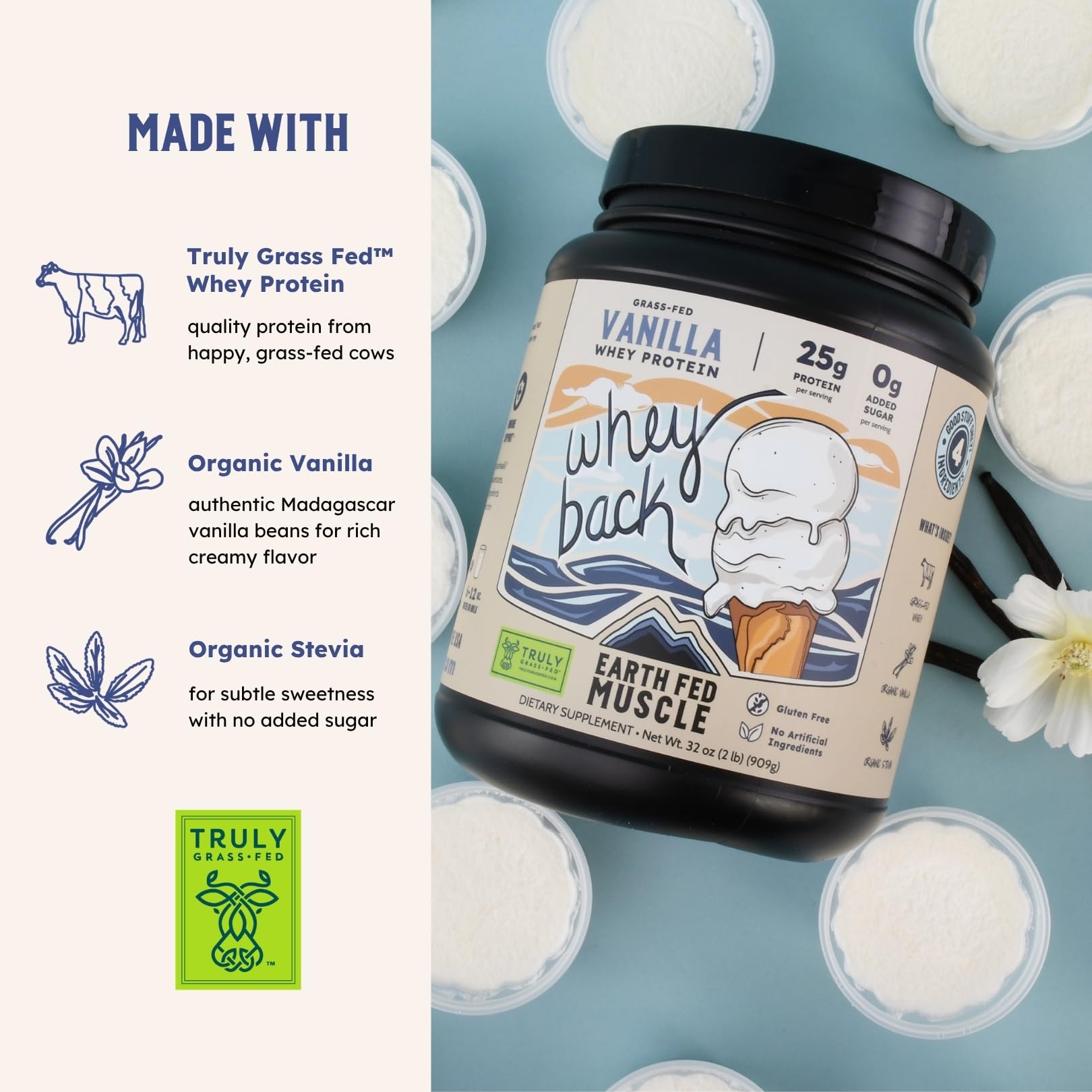 Earth Fed Muscle Whey Back Irish Grass Fed Whey Protein Isolate, Third-Party Certified. 25g Protein, Vanilla - Non-GMO, Hormone Free, Soy Free, Gluten Free - 2 LB, 29 Servings Earth Fed Muscle buy supplements canada
