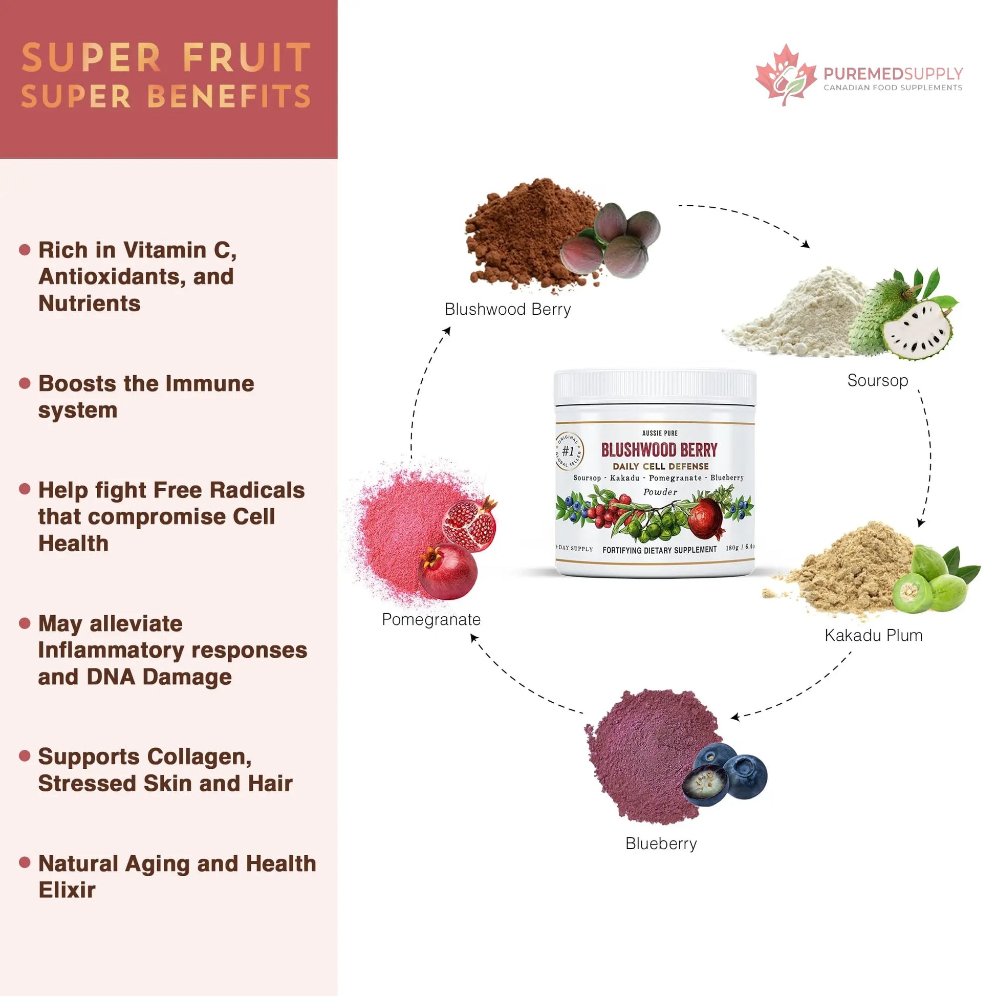 Aussie Pure Blushwood Berry Superfruit Daily Cell Defense - Soursop - Kakadu Plum - Pomegranate - Blueberry - Immune and Cell Support Powder - All Ages - Lab Tested and Authenticated - 180g/6.4oz Aussie Pure buy supplements canada