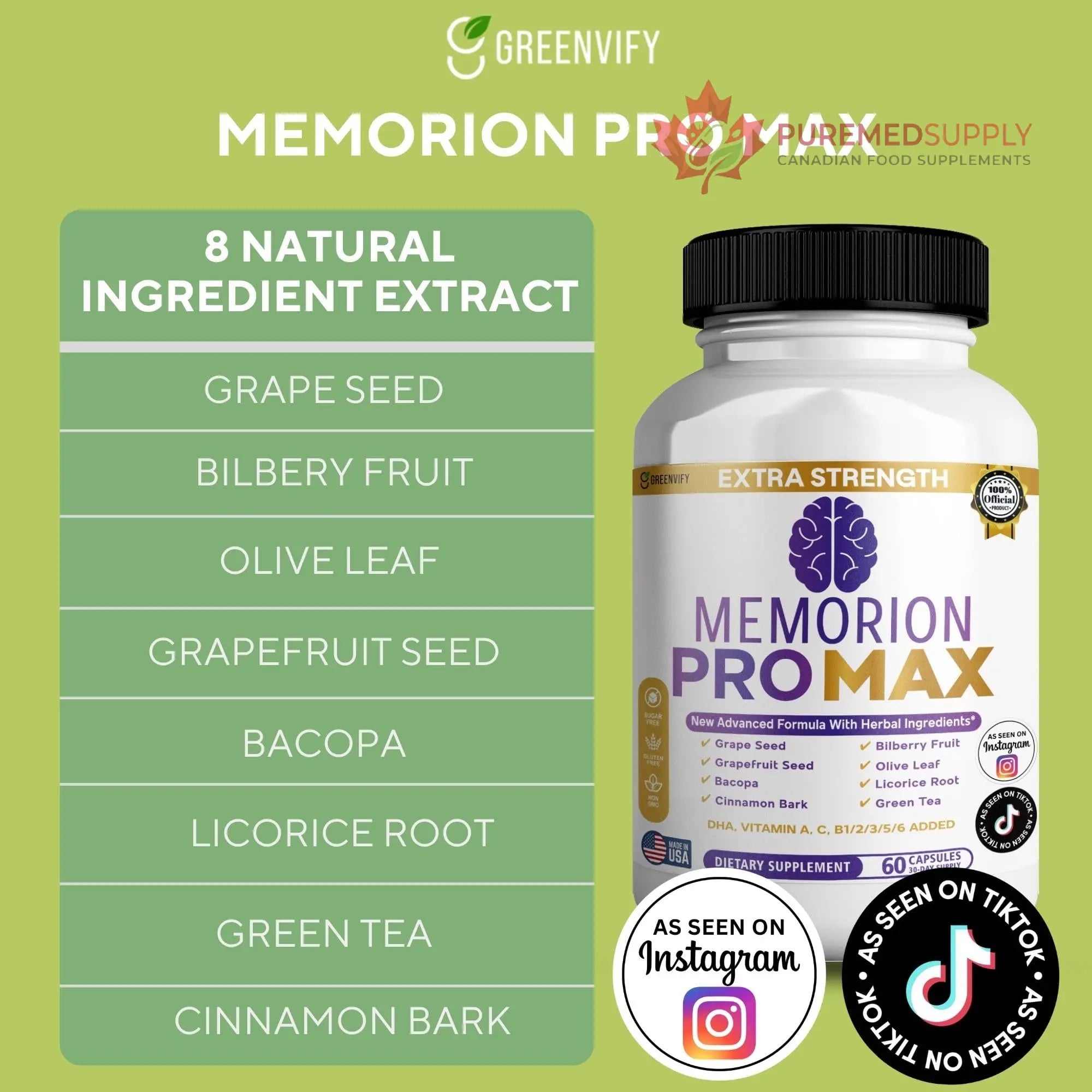 GREENVIFY Memorion Pro Max Extra Strength Brain Support Supplement, 60 Capsules, with DHA, Vitamins, Herbal Blend, 30-Day Supply (1) GREENVIFY buy supplements canada