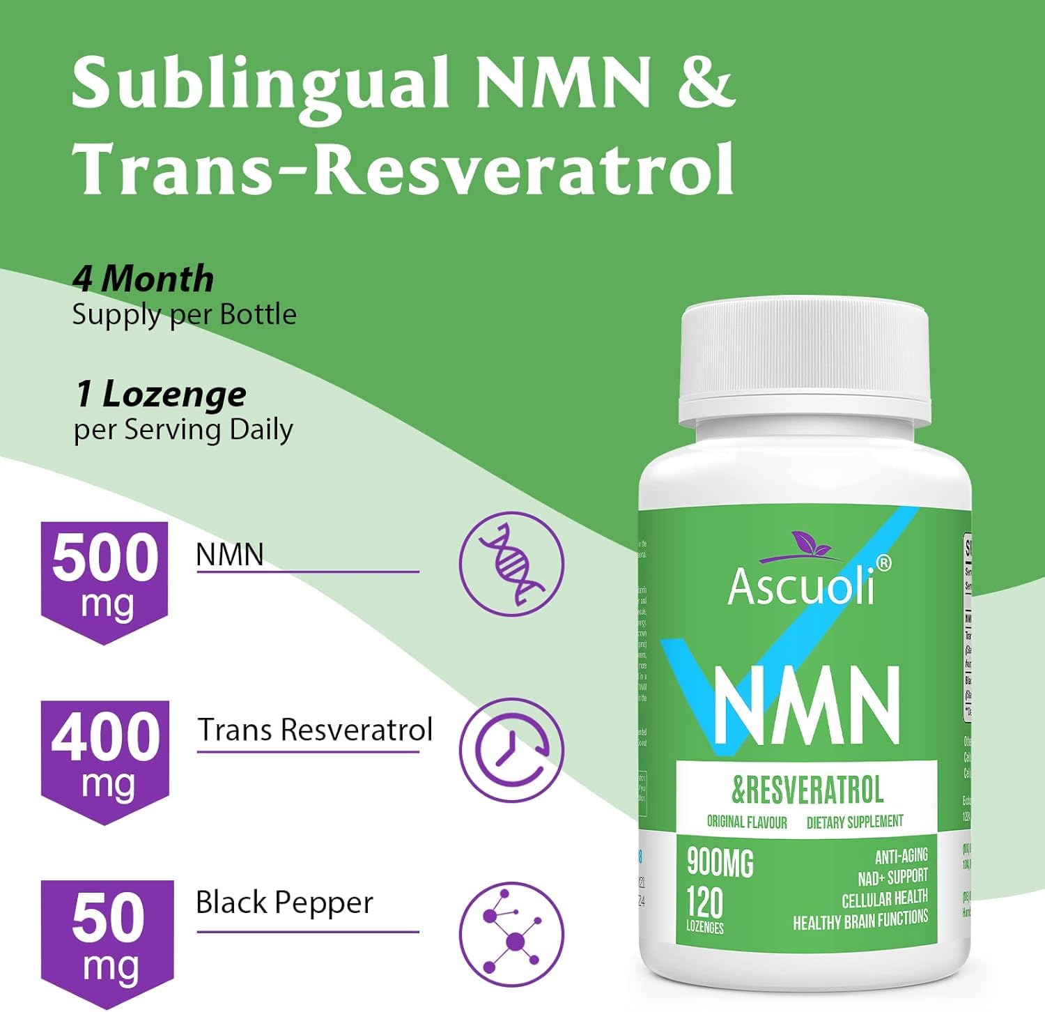 Sublingual NMN 500mg + Trans-Resveratrol 400mg, 3-in-1 Advanced Formula 99% Pure NMN Resveratrol Supplement for Boost* NAD, Cell, Immune, Energy & Muscle, Anti-Aging, 120 Lozenges, 120-Day Supply Ascuoli buy supplements canada