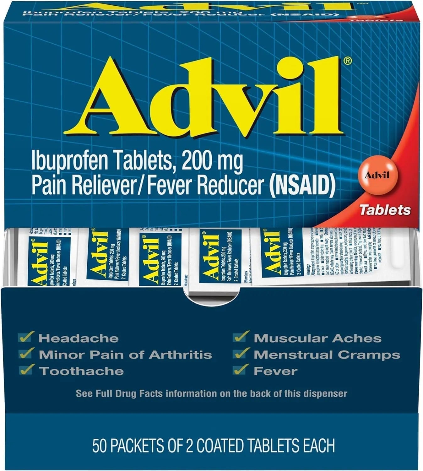 Advil Ibuprofen Tablets, 200 mg Pain Reliever/Fever Reducer (NSAID), 100 Tablets (50 Packets of 2 Tablets Each) Advil buy supplements canada