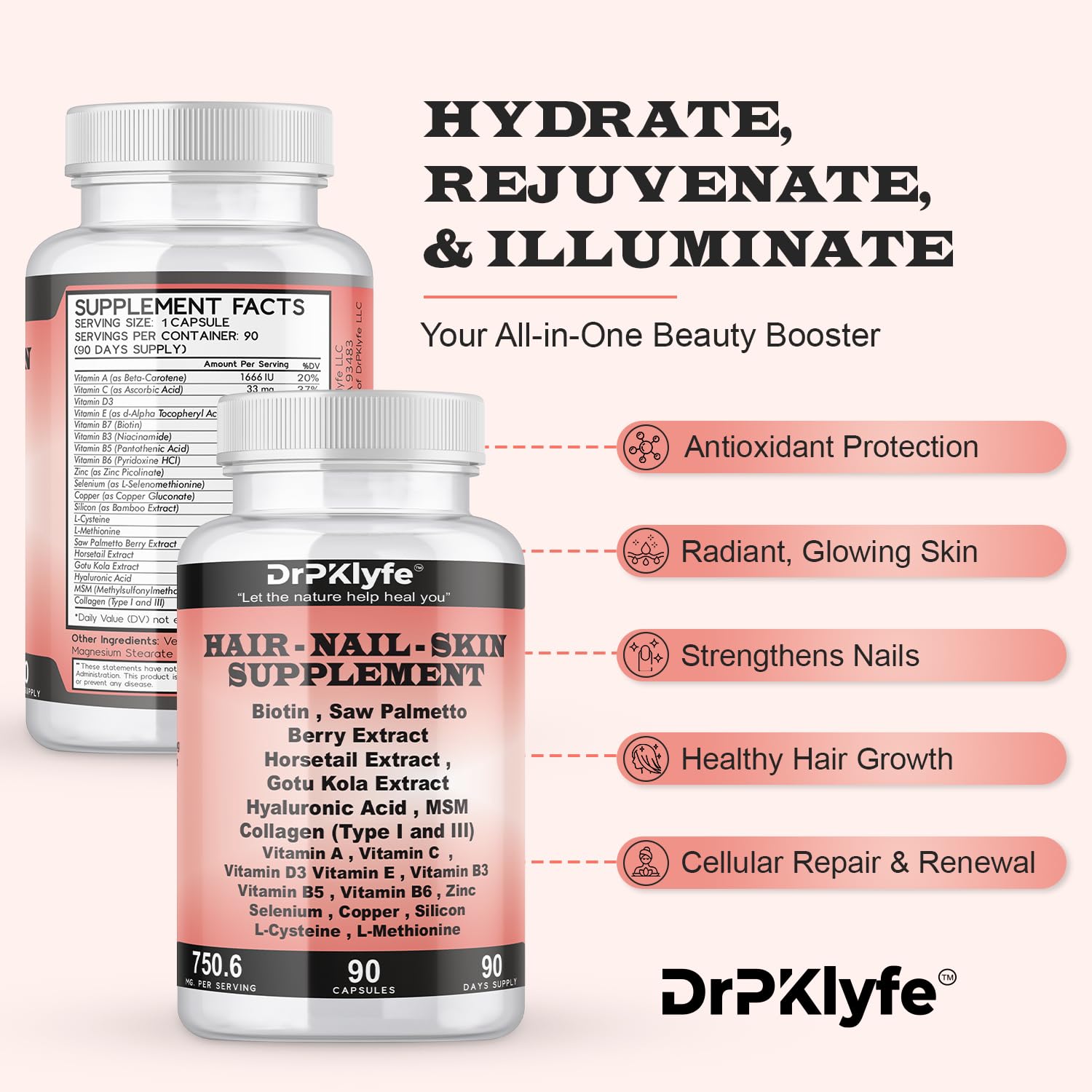 DrPKLyfe Hair, Nail and Skin Supplement Capsules:Biotin, Collagen, Collagen Peptides, Acid Hyaluronic, Biotin, Vitamin A, C, B5, B6 Saw Palmetto & More - 90 Capsules. DrPKLyfe buy supplements canada