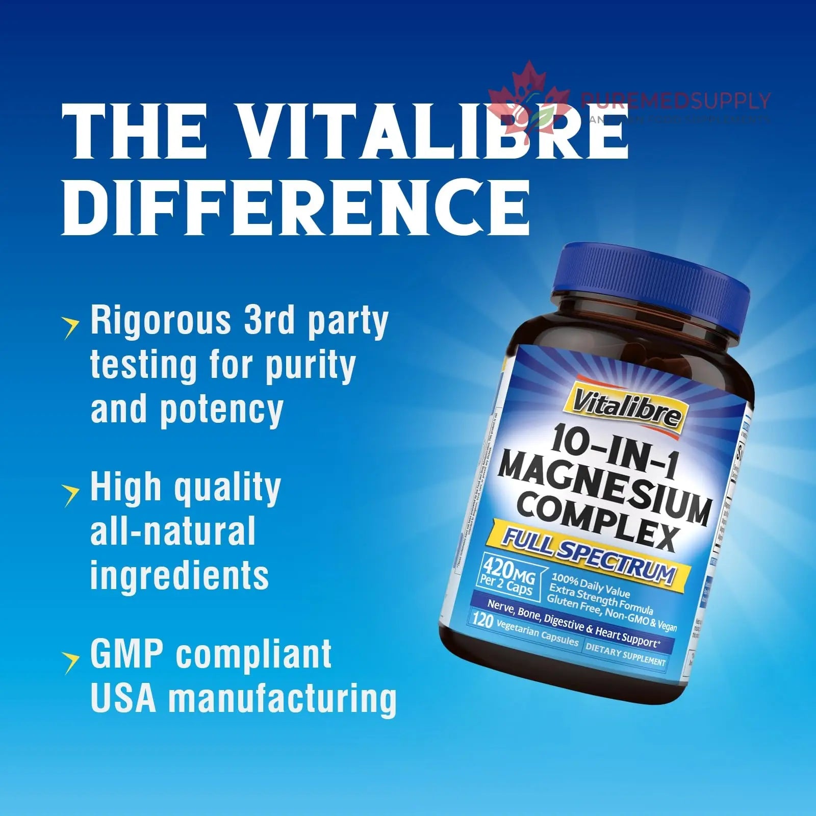 Vitalibre 10 in 1 Magnesium Complex, 420mg Elemental Magnesium | Ultra Strength, Max Absorption | Chelated Magnesium Supplement for Nerves, Bone & Heart Health | Non-GMO, 120 Vegan Capsules Vitalibre buy supplements canada