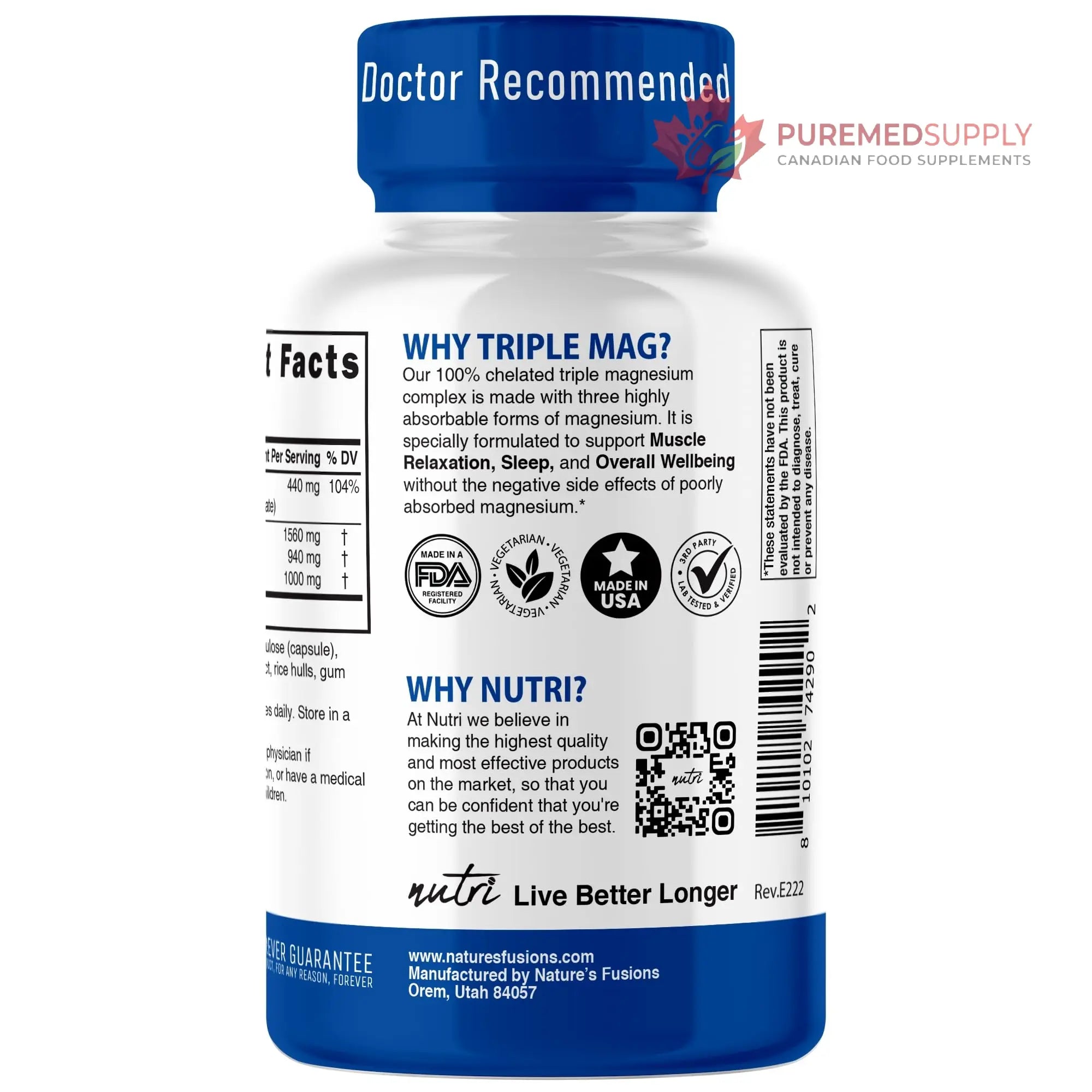 Nutri Triple Magnesium Complex 440mg - Magnesium Glycinate, Malate, & Taurinate - 100% Chelated for Maximum Absorption - 120 Vegan Capsules - Triple Complex Magnesium - Magnesio Triple Complex Nature's Fusions buy supplements canada