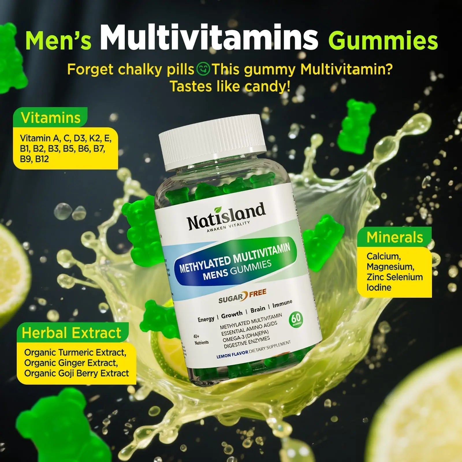 Methylated Multivitamin for Men Gummies, Men`s Multivitamins Gummies with Vitamin B Complex, A, C ,D3, E, K2, Calcium, Magnesium, Omega-3 NATISLAND buy supplements canada