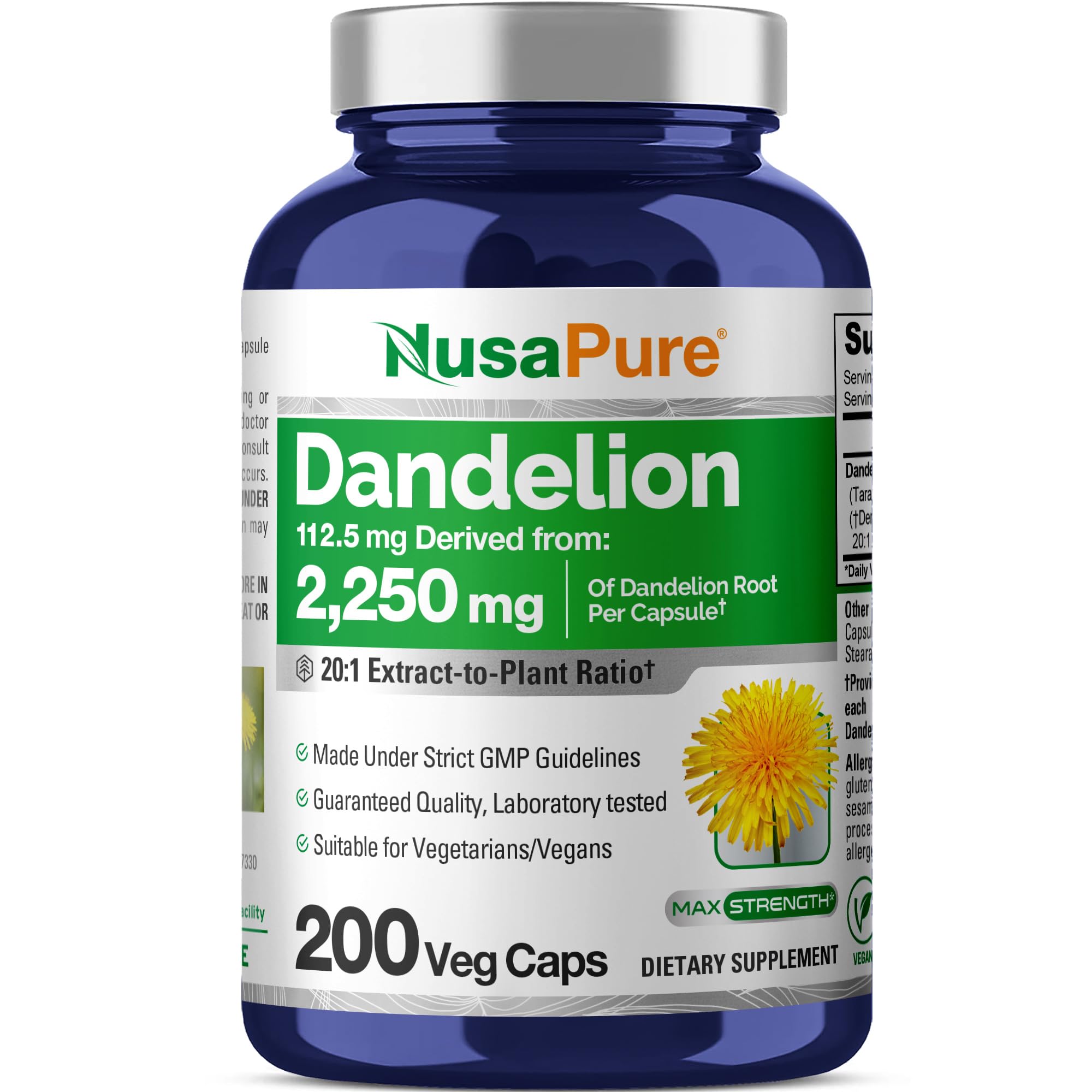 NusaPure Dandelion Root 20:1 Extract, 112.5 mg Equivalent to 2,250 mg 200 Veggie Capsules (Non-GMO, Vegan) NusaPure buy supplements canada