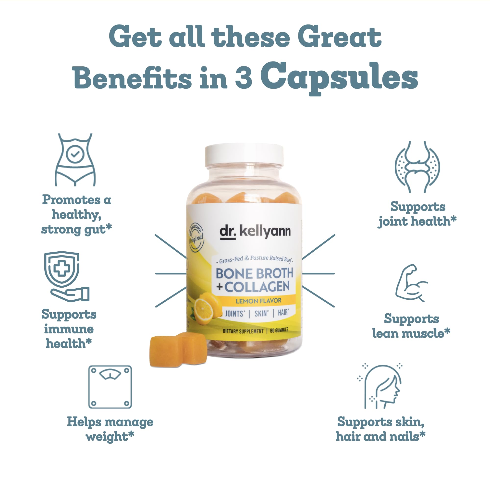 Dr. Kellyann Collagen + Bone Broth Gummies, Lemon | Gut, Skin, Joint & Hair Support | Grass-Fed Beef | Non-GMO, Dairy-Free, Soy-Free | 60 Gummies Dr. Kellyann buy supplements canada