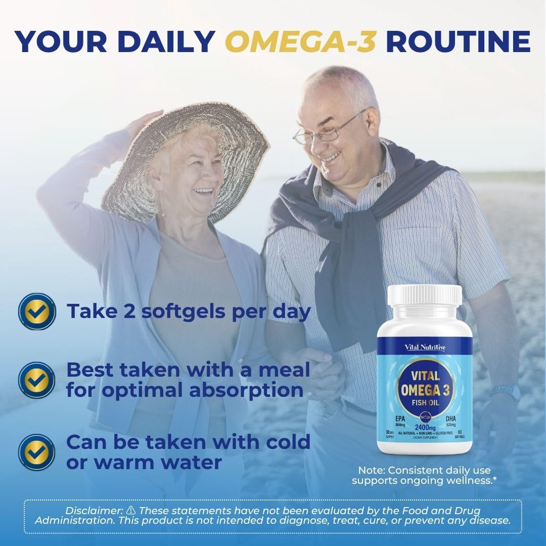 Vital Omega 3 Fish Oil Supplements 2400mg | 864mg EPA & 576mg DHA | 1440mg Total Omega-3 Fatty Acids | Promotes Brain & Heart Health | Non-GMO, Gluten-Free, Sugar-Free | Lemon | 60 Day Servings VITAL NUTRITIVE buy supplements canada