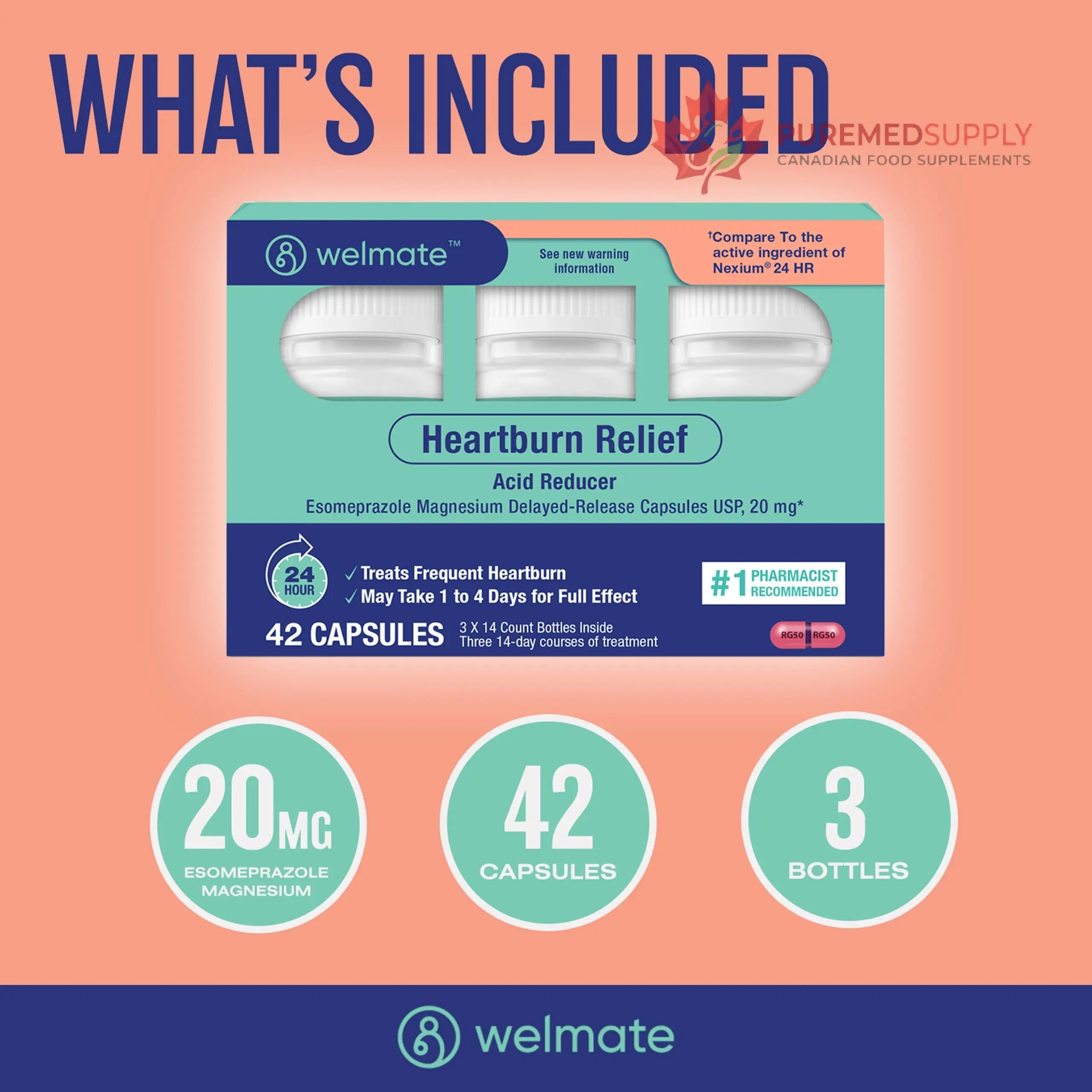 WELMATE Esomeprazole Magnesium 20mg Delayed Release Capsules, 84 Count (2-Pack) – Acid Reducer for Frequent Heartburn & Acid Reflux Relief, 24HR Protection, Digestion Support WELMATE buy supplements canada