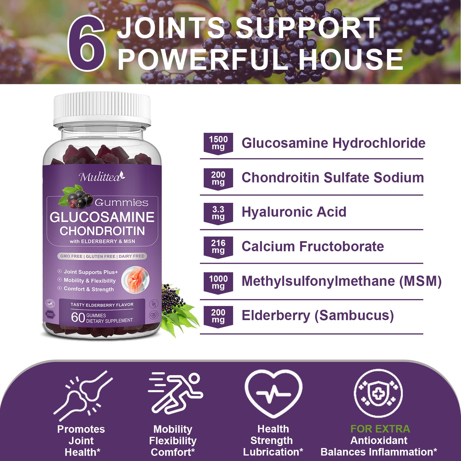 Mulittea Glucosamine Chondroitin Gummies - Extra Strength Joint Support Supplement with MSM & Elderberry for Natural Joint, Antioxidant Immune Support for Adults, Men & Women-(2 Pack) Mulittea buy supplements canada