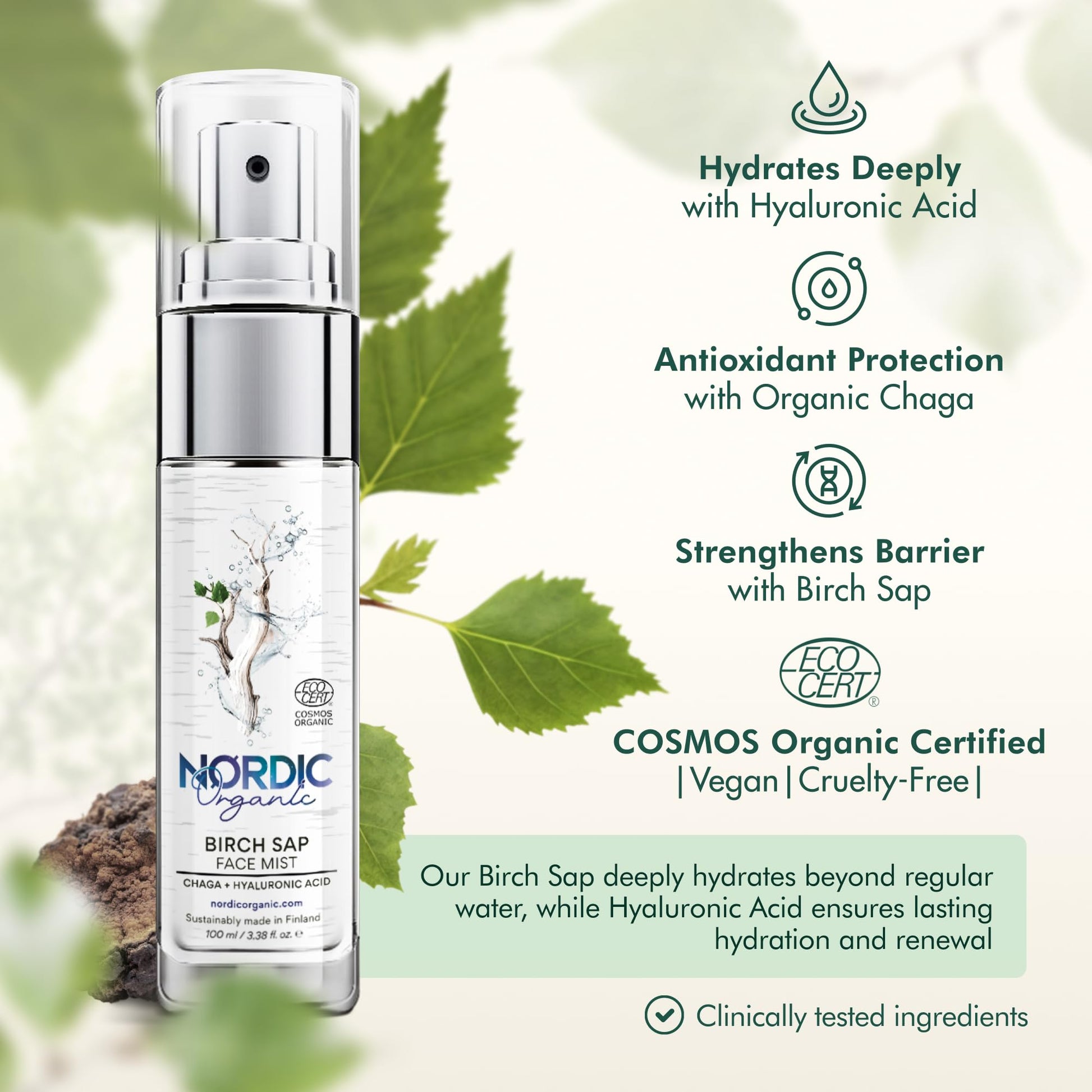 Nordic Organic Birch Sap Face Mist – COSMOS Certified Organic Formula with Hyaluronic Acid & Chaga Mushroom, Fragrance Free, Made in Finland 3.38 oz (100 ml), 1 Bottle Nordic Organic buy supplements canada
