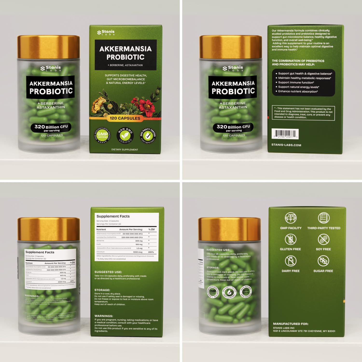Akkermansia Muciniphila Probiotics 320 Billion CFU| Probiotic and Prebiotic | Akkermansia Probiotics for gut health | Inulin Prebiotic Fiber Capsules Astaxanthin & Berberine & Chromium | 120 capsules Stanis Labs buy supplements canada